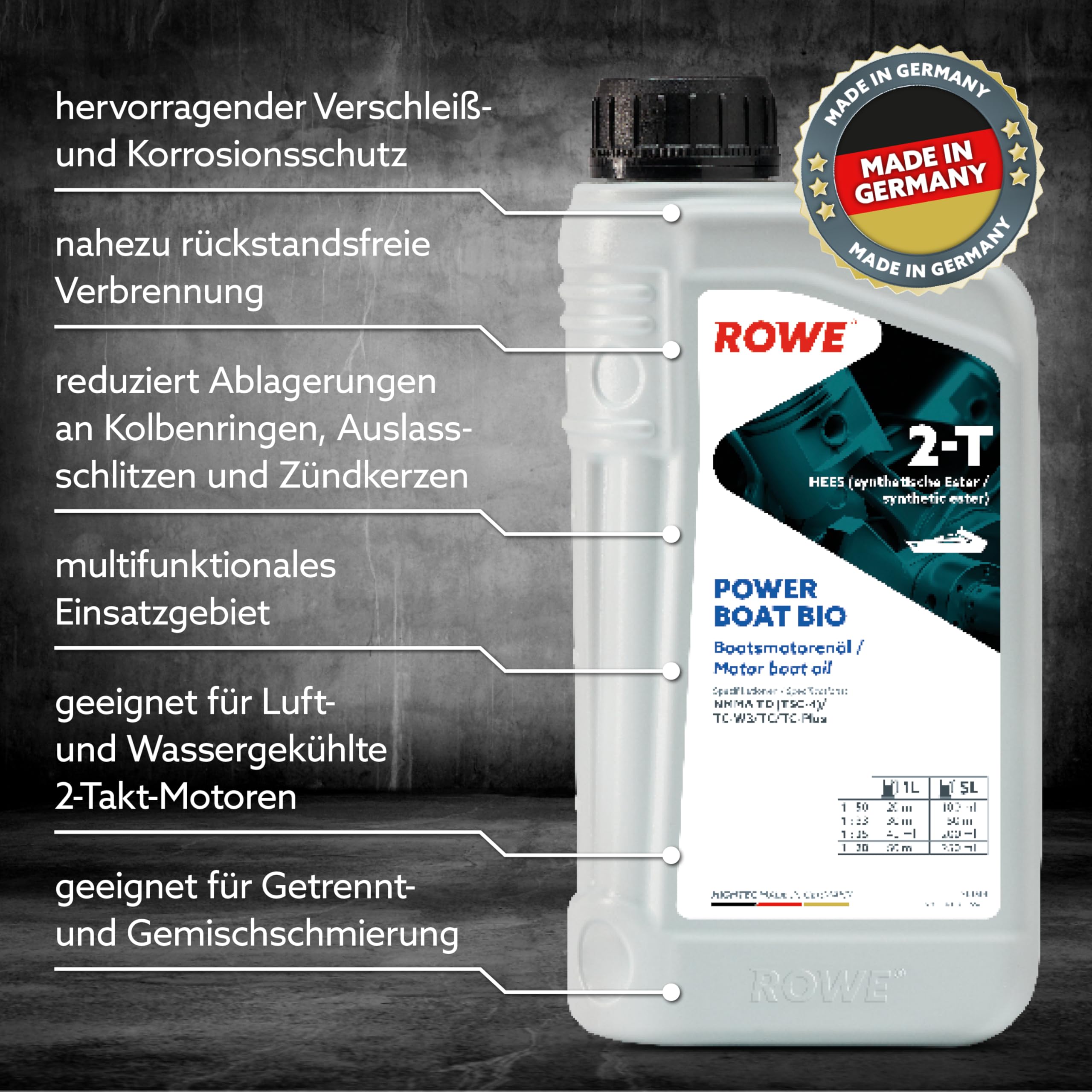 ROWE HIGHTEC POWER BOAT 2-T BIO - 1 Liter - Hochleistungs-2-Takt-Motorenöl für Außenbordmotoren - Art. Nr. 20034