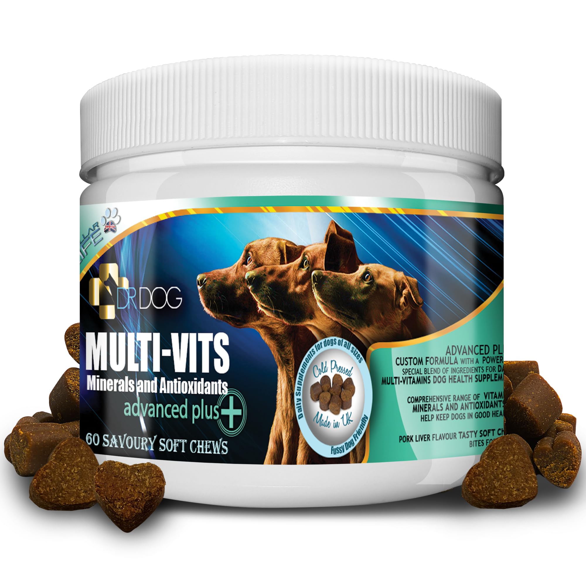DR DOG Multivitamin for Dogs – 60 Natural Soft Chews Tasty Treats – Essential Multivitamins Minerals Antioxidants – Fussy Friendly Chewable Pet Multi Vitamin - Made in UK
