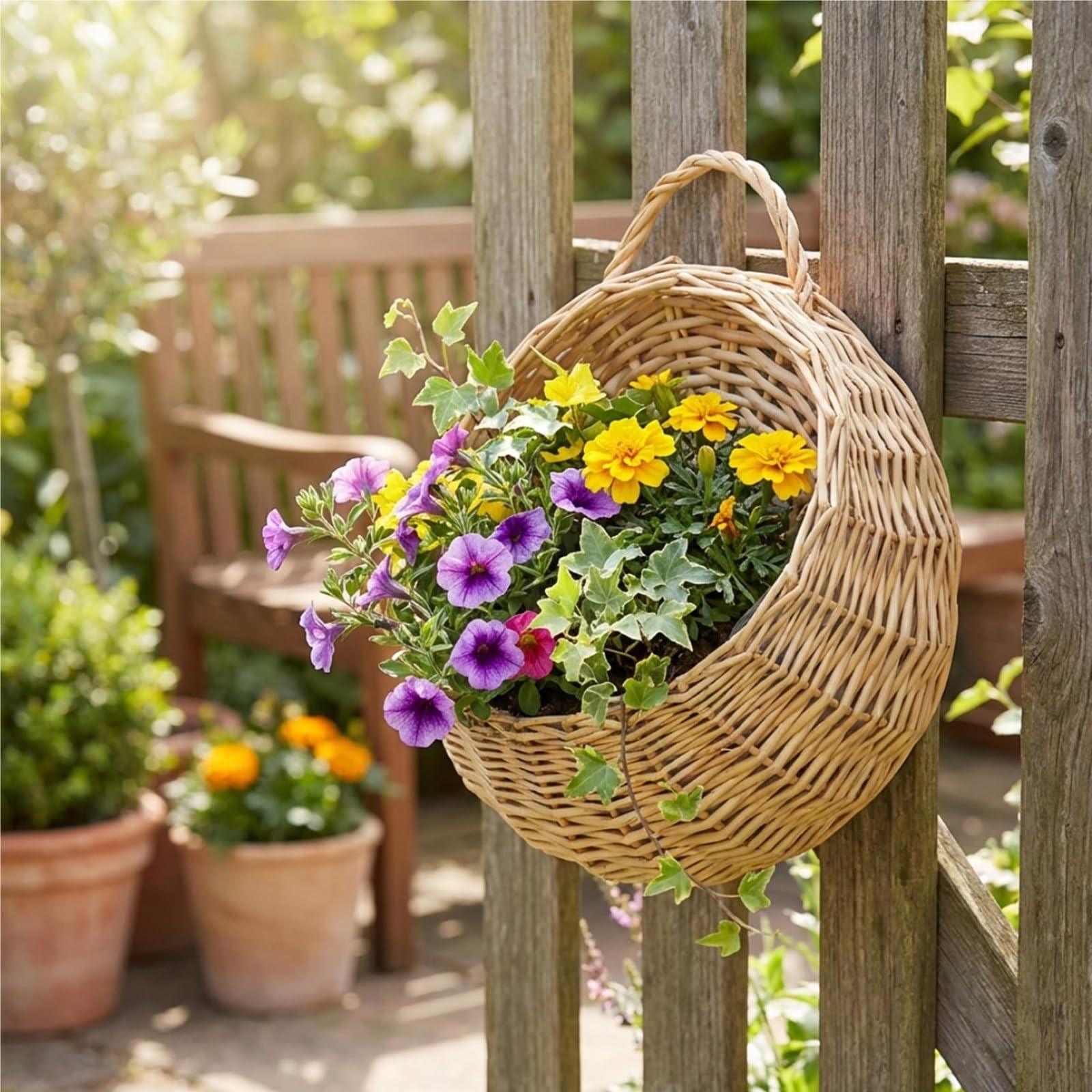 Cestino da parete in rattan intrecciato, confezione da 2, con fodera impermeabile, piccoli cesti appesi per interni e stoccaggio, fioriere in vimini per l'organizzazione della casa