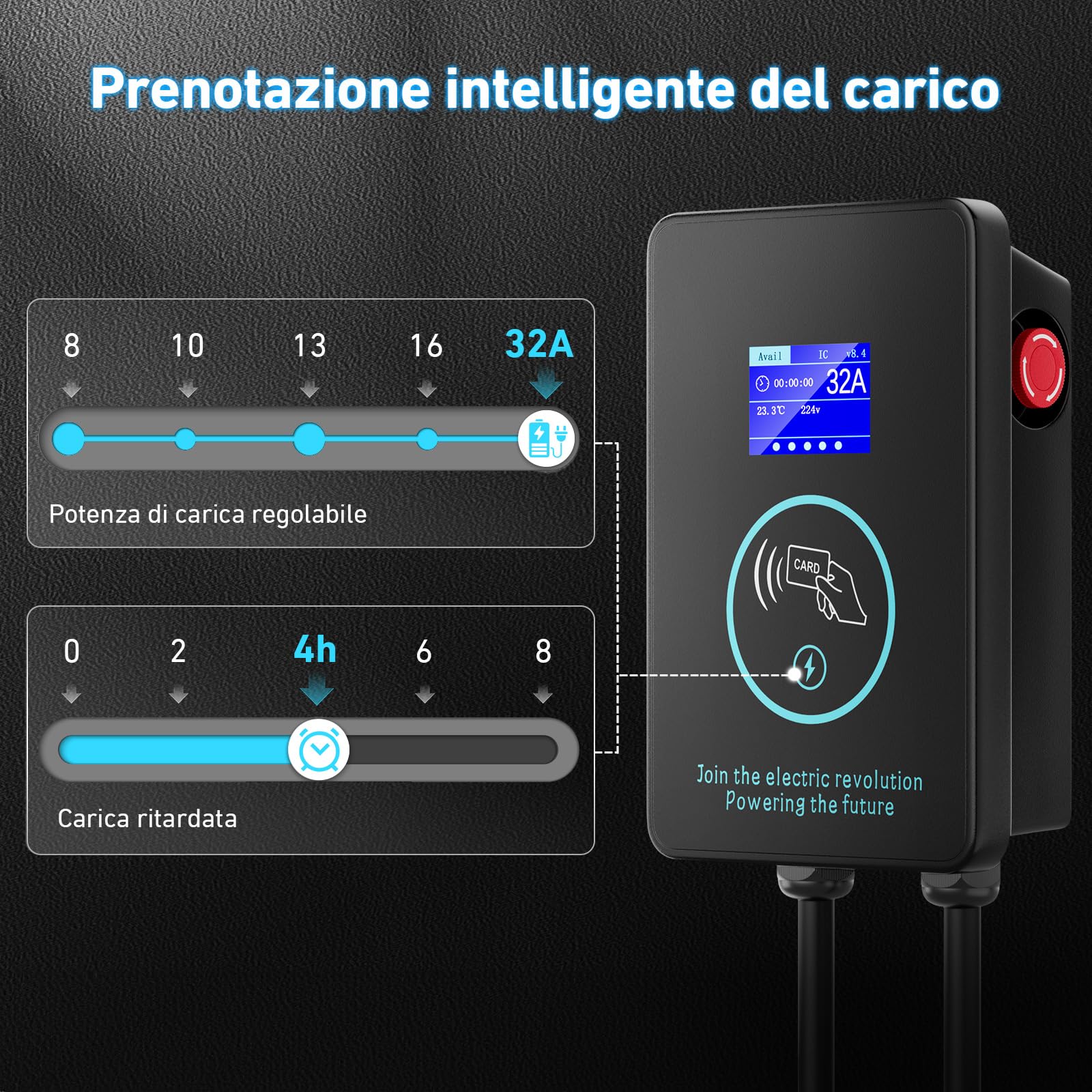 EVJUICION Colonnina Ricarica Auto Elettrica 8A-32A 0-8H Wallbox 7,4 kw Tipo 2 Monofase Rapida con Display LED, RFID 2, EV Caricabatterie con 5 Metro Cavo Ricarica Auto Elettrica Tipo 2