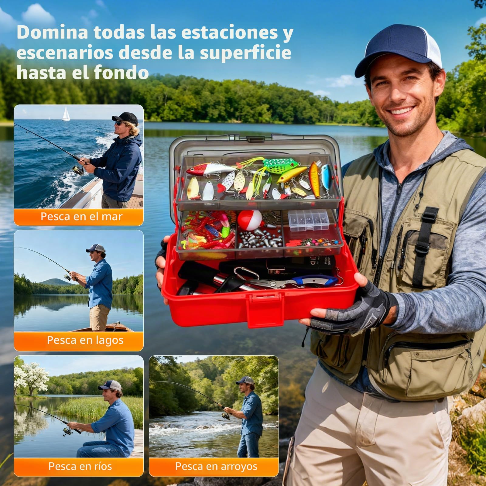 Kit de Pesca 314 Piezas, Maleta Pesca Portátil con Caja de Cebo 3 Estantes,Set de Iniciación con Clips para Labios, Removedor Anzuelos, Cebos para Trucha y Perca, Pesos Plomo,Accesorios de Pesca