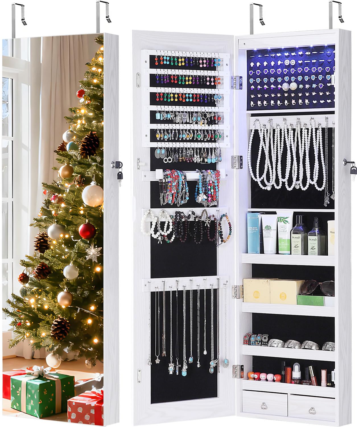 GISSAR Full Length Mirror Jewelry Cabinet, 6 LEDs Jewelry Armoire Wall Mounted Over The Door Hanging, Jewelry Organizer Storage with Lights Lockable White