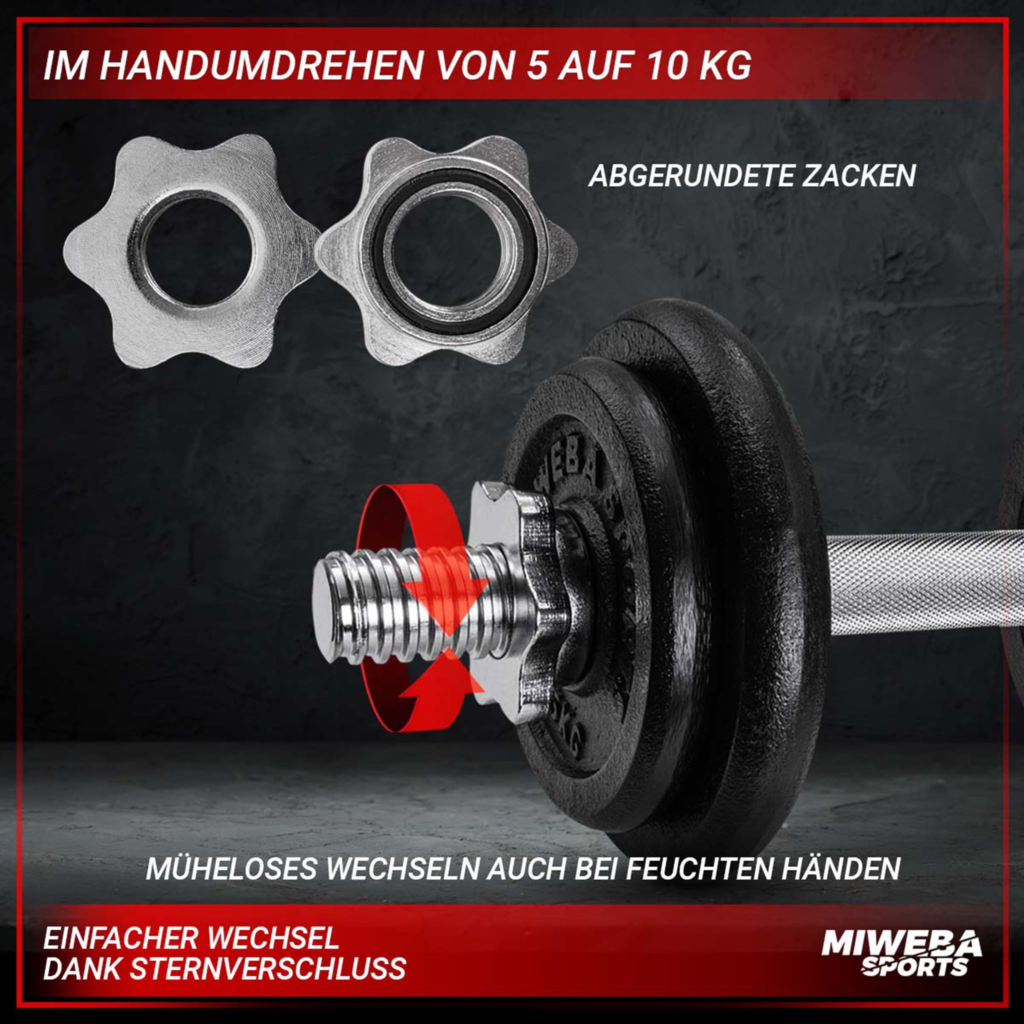 Miweba Sports Hantelset MKH110 | 10 kg | 20 kg - 𝐏𝐫𝐨𝐟𝐢 Einzelhantel - Hanteln Set - Stange 30 mm - Kurzhanteln Frauen und Männer - Hantel Set - Gusseisen Kurzhantelset - Kurzhantel