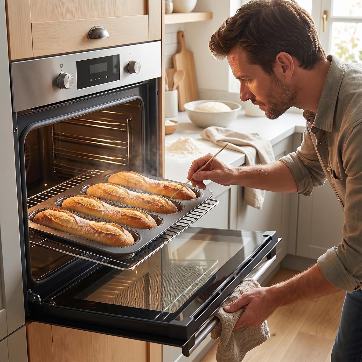 3-Pack Hot Dog Bun Pan, 4-Cavity Perforated Carbon Steel Bread Loaf Pan