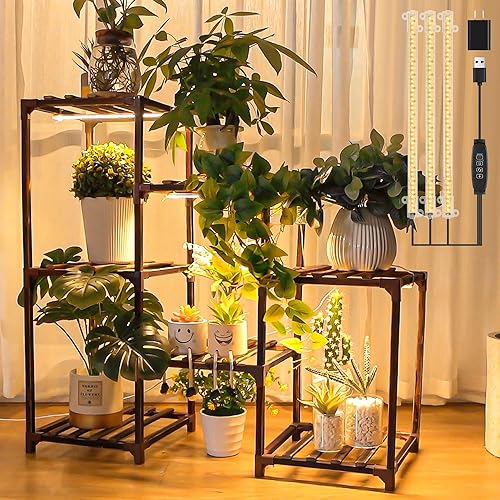 Miniatura 1 de Dreyoo Soporte para plantas con luces de crecimiento, estante de madera para plantas con lámpara de cultivo de espectro completo para esquina