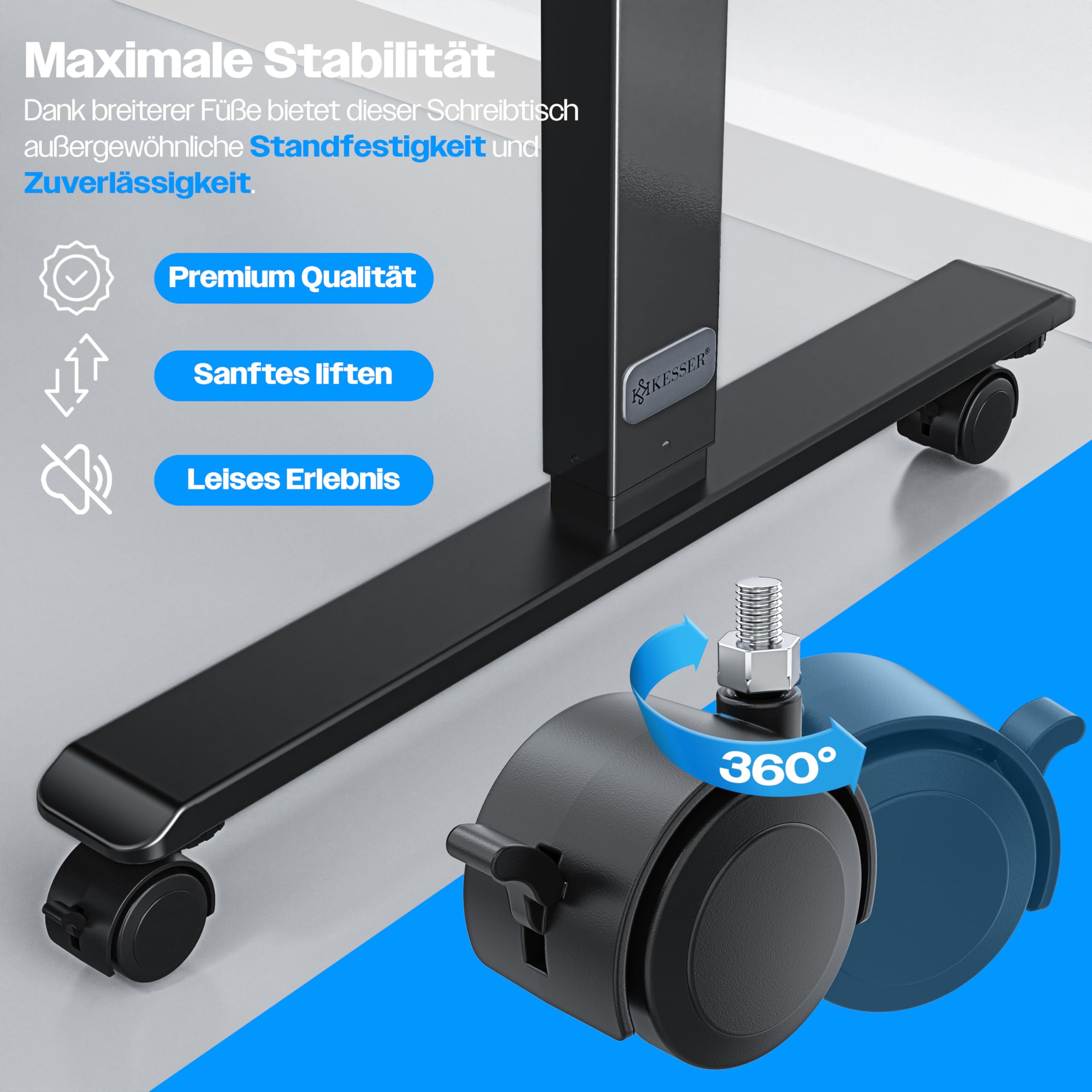 KESSER® höhenverstellbarer Schreibtisch elektrisch 180 x 80 cm, ergonomischer Steh-Sitz Tisch mit 3-Memory-Funktion, Stehtisch für Homeoffice, Inkl. Zubehör, USB-Ladeanschluss & 360° Rollen, Schwarz