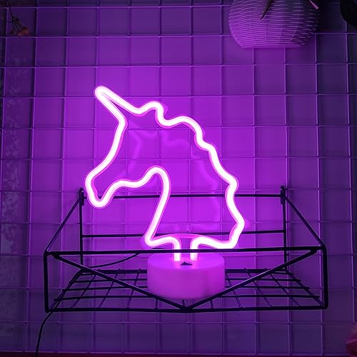 Miniatura 9 de JYWJ Letreros de neón de unicornio con base de soporte, luz de neón alimentada por USB o 3 AA, luces LED para decoración de mesa, decoración de