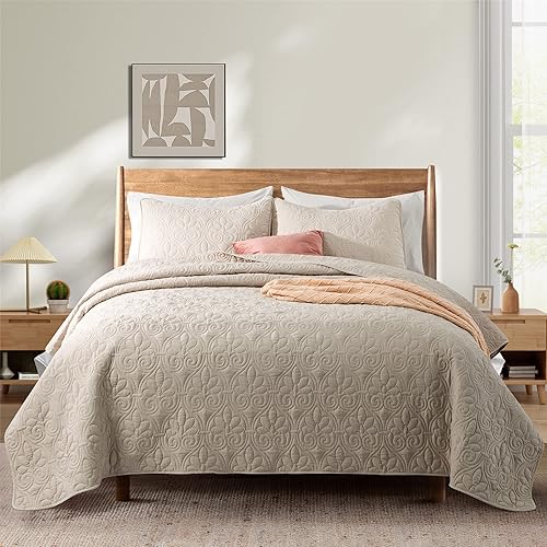 PEACE NEST Juego de colcha acolchada de 3 piezas con fundas de almohada ligera para todas las estaciones tamaño King caqui 106 x 90 pulgadas