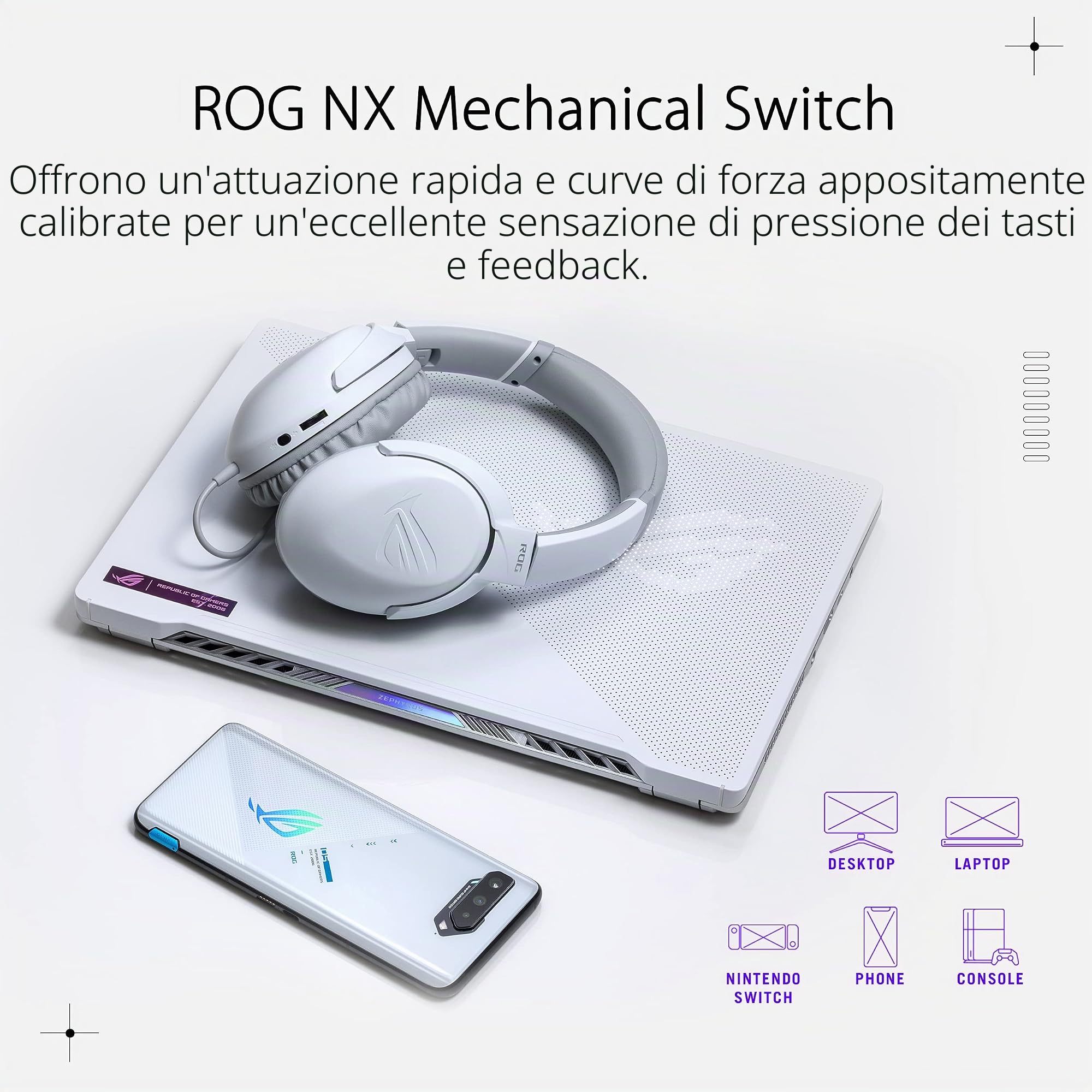 ASUS ROG Strix Go Core Moonlight White Cuffia Gaming jack 3.5mm, Audio Alta Risoluzione, Microfono Cancellazione Rumore, Driver 40 mm, Design Leggero, Per PC, Switch, PS5 e Dispositivi Mobile, Bianco