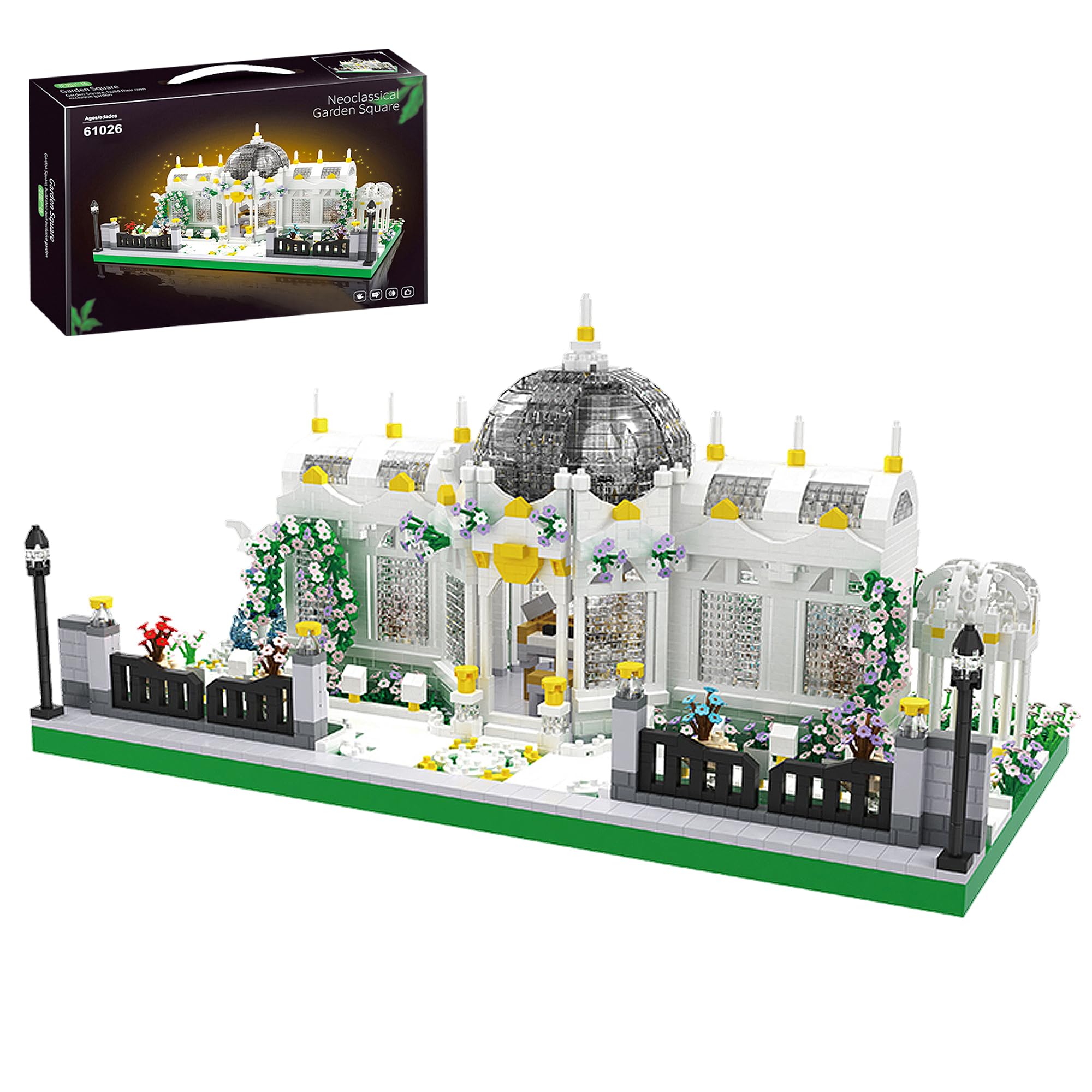 LQPFBSM Neoclassical Garden Square Micro Blocks Building Set 2397 PCS Architecture Model with Central Grand Piano & Crystal Dome Street ViewToy for Adults Home Decor Gift
