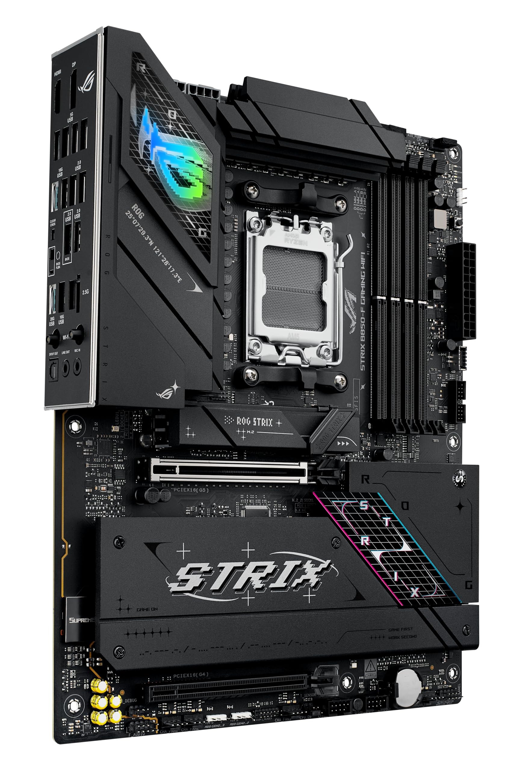 ASUS ROG Strix B850-F Gaming WiFi AMD AM5 16+2+2 etapas de potencia, AI PC, DDR5 AEMP, WiFi 7, 4X M.2, PCIe® 5.0, 20Gbps Type-C®, AI Networking II, Aura | Compatible con Ryzen 7000, 8000 y 9000, DDR5 AEMP, soporte total de 19 USB, conectividad de vanguard