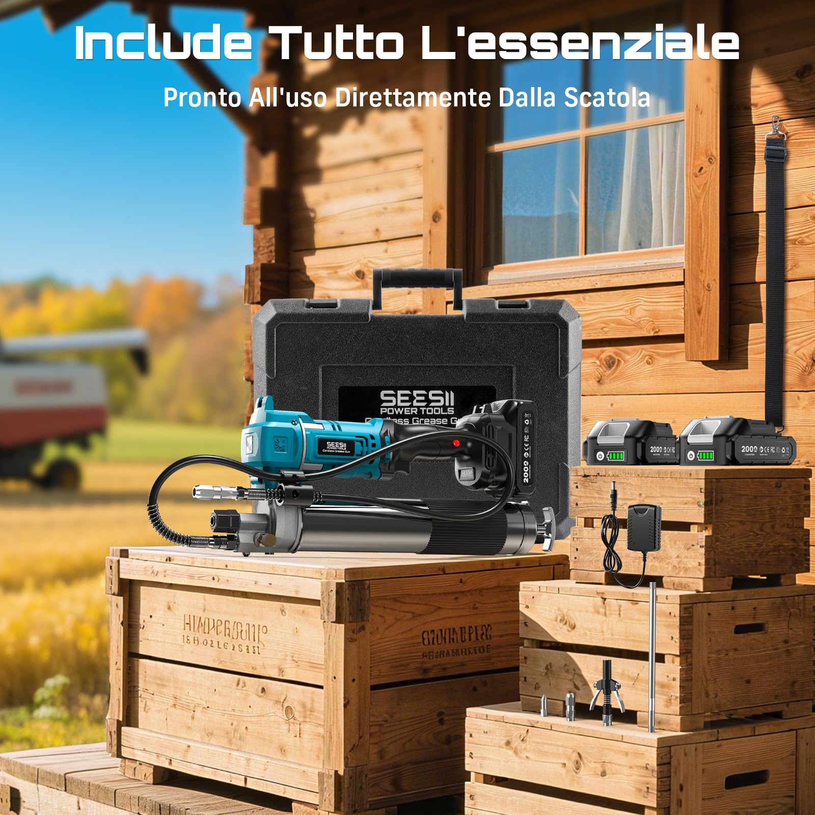 Seesii Ingrassatore a Batteria: 6,4 oz/min 10000 PSI Efficienza Pistola per Grasso Elettrica, 2* Batteries 2000 Ah e Caricabatterie, Tubo Flessibile da 39,4”,Progettata per Macchinari Pesanti