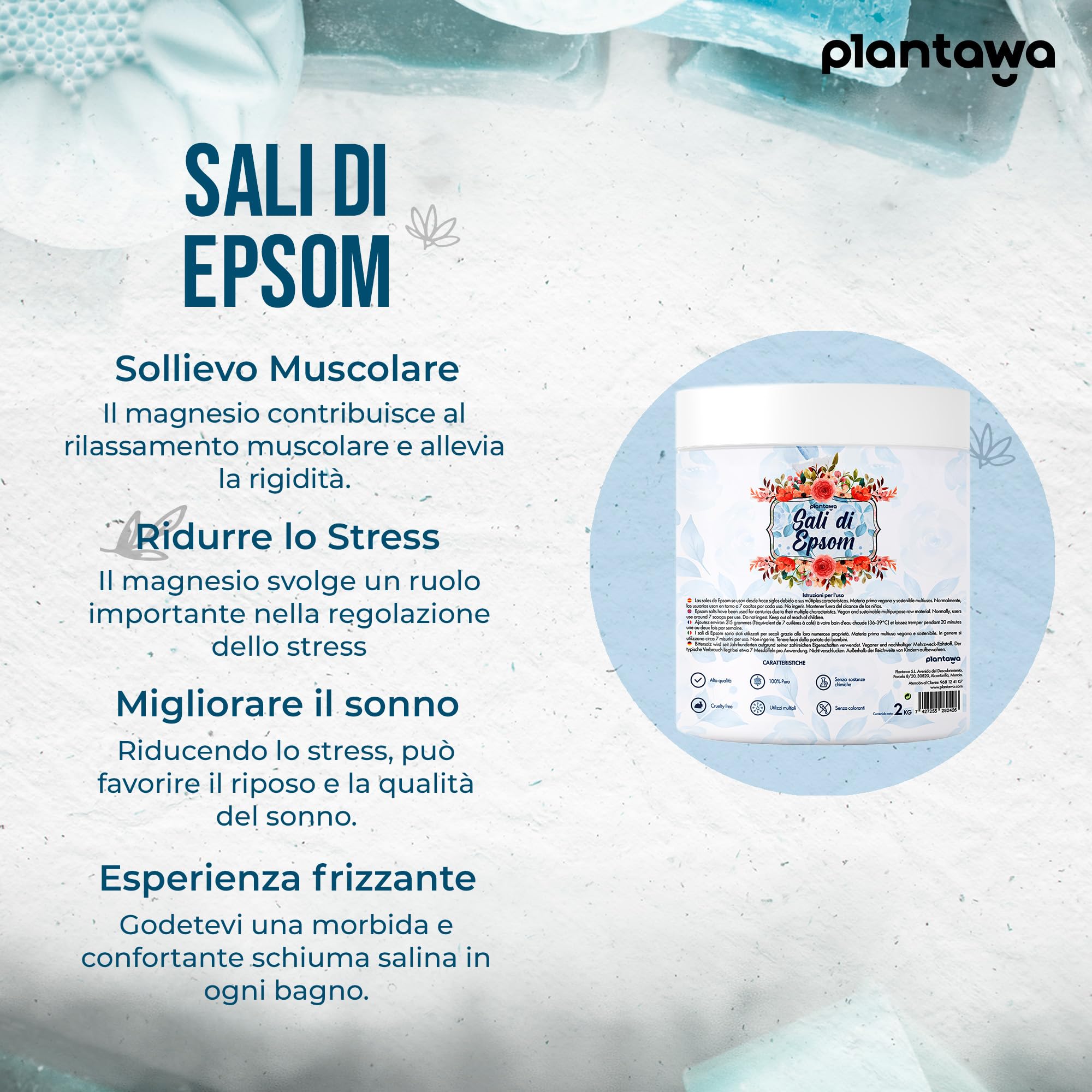 PLANTAWA Sale di Epsom 2kg | Sali da Bagno Rilassanti con Solfato di Magnesio Puro | Relax Muscolare, Cura della Pelle e Benessere Naturale | Bagno Rilassante e Schiumoso | Senza Tossine e Additivi