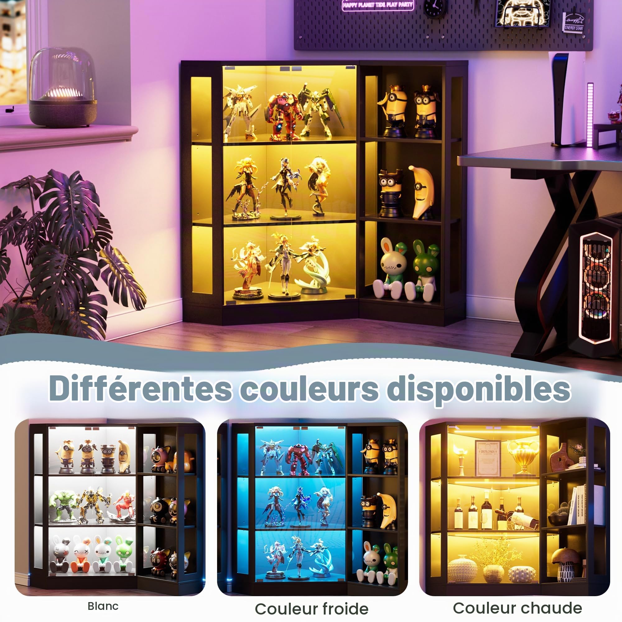 Vitrine en Verre avec LED, Vitrine pour Collection, 6 Couches Multifonction en Verre Debout,Armoir de Vitrine Moderne,Armoire de Salon, Bureau,Chambre,Noir,100x116.5x60 cm