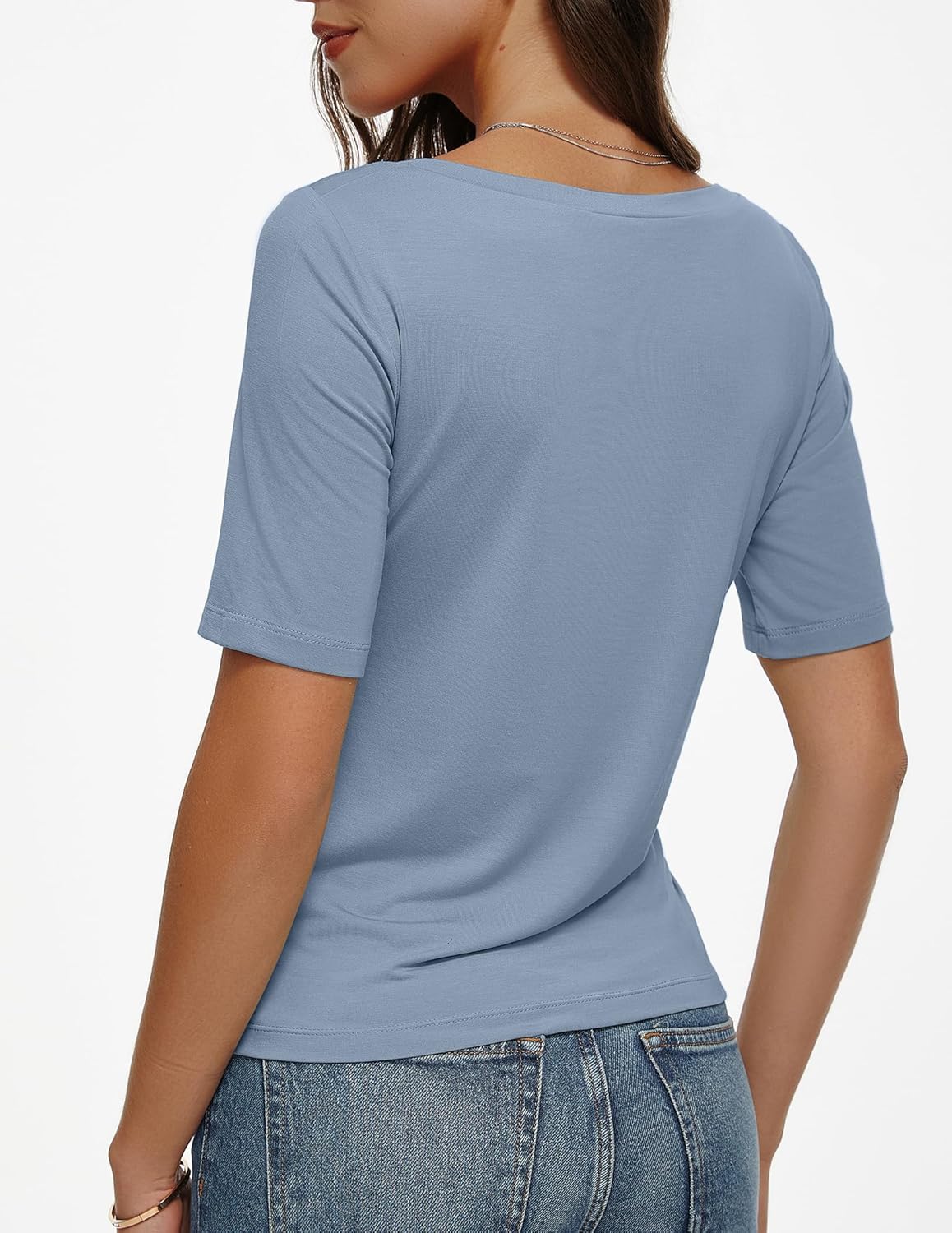 Women's Boat Neck Top Half Sleeve Ruched Side Fitted T-Shirt Basic Casual Slim Tee - Image 4