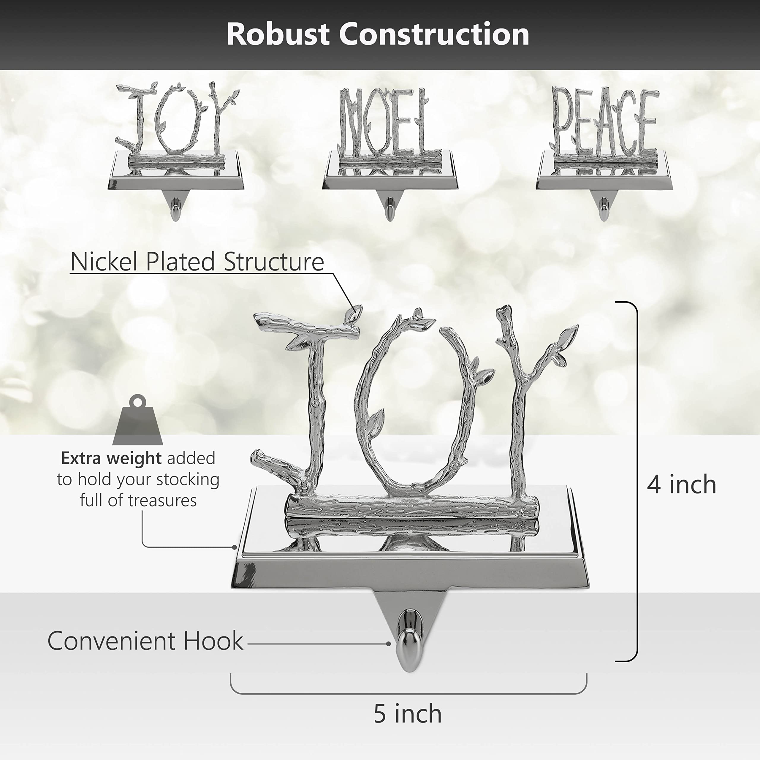 Holiday Jingle Christmas Stocking Holder Set – Joy Noel Peace Stocking Holders for Mantle – Nickel-Plated Hangers for Christmas Stockings and Decorations – Sturdy Christmas Decorations for Fireplace