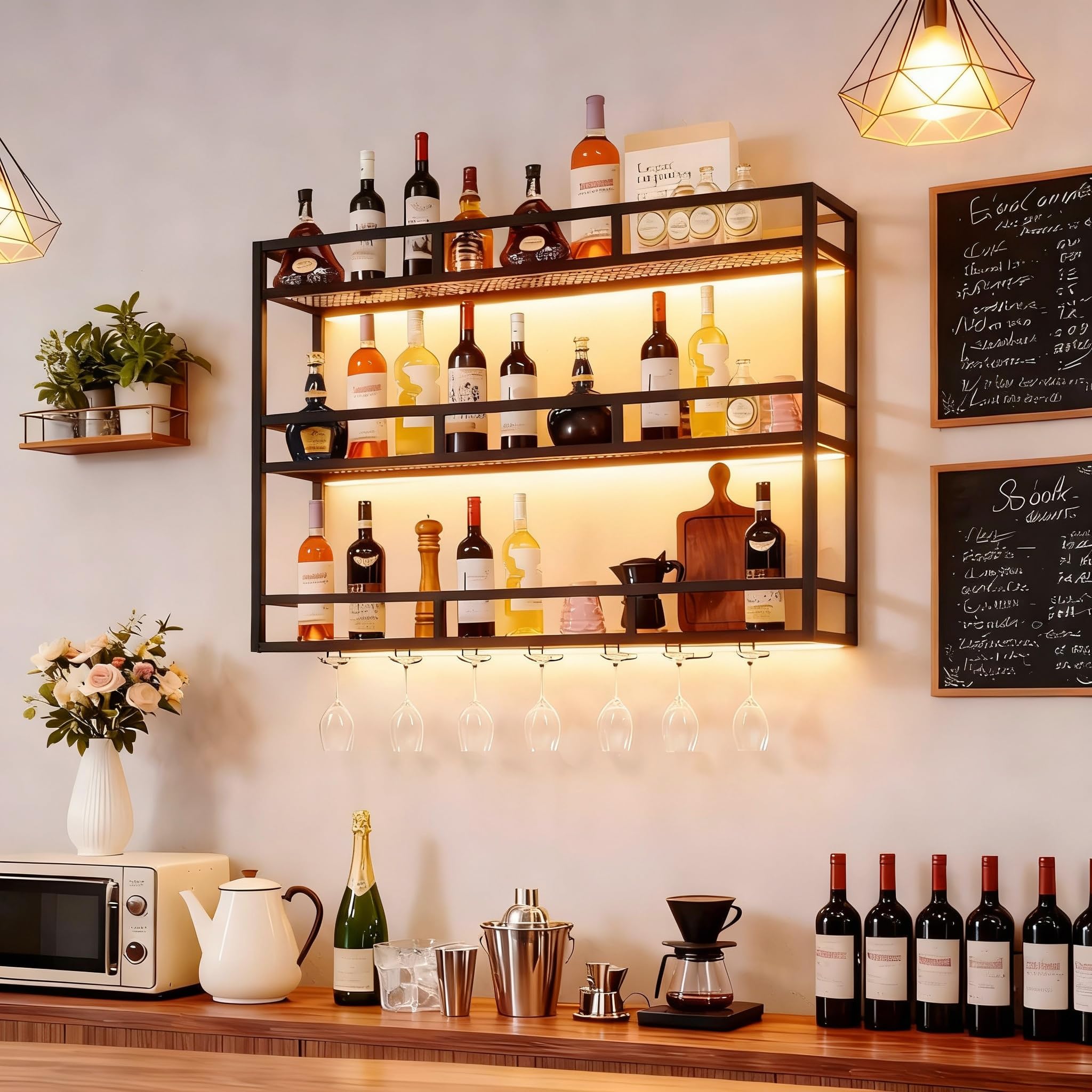 Botellero de Pared LED Moderno de 100 cm con Soporte para Botellas y Copas, Estante Metal de Botellas de 3 Niveles, Soporte para Botellas de Vino para Hogar, Bar Comercial, Cocina