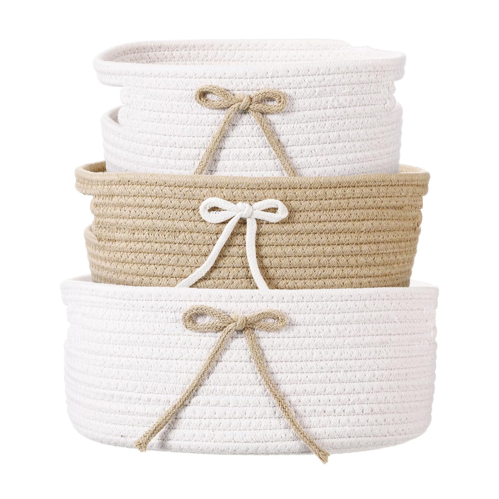Whoasyst Of 3 Handwoven Cotton Storage Baskets with Bowknot Decoration Home Organization Solution with Handle Decorative Storage Bin