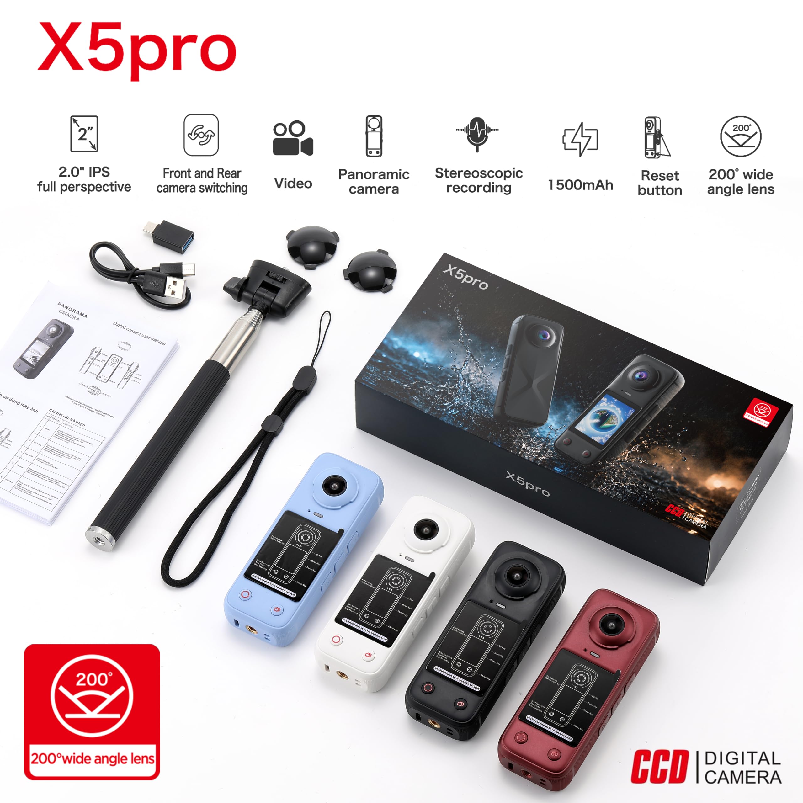 Action Camera x5 Pro, con zoom ottico 16x e doppi obiettivi | Videocamera per vlogging, cattura il rallentatore nitido, supporta 32 GB di spazio di archiviazione, racchiude un'enorme