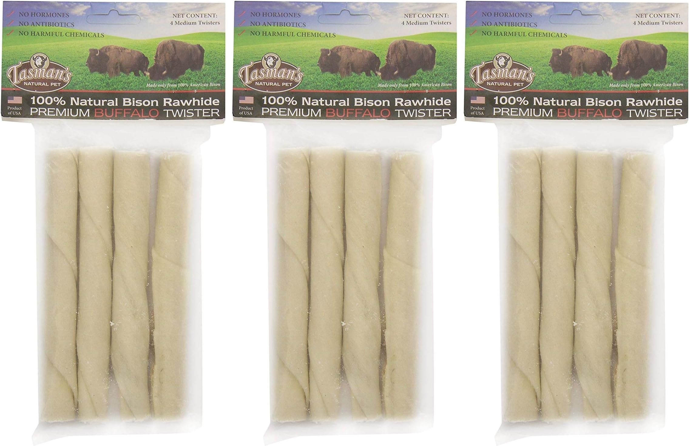 (3 Pack) Tasman's Bison Twisters, Medium, 4 Twists each