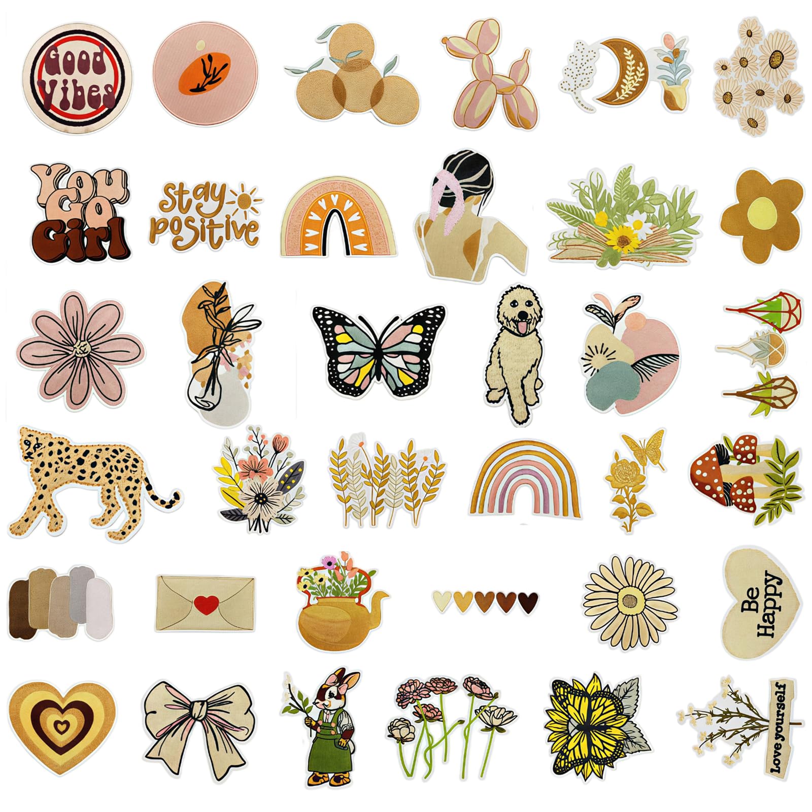 Cosblisvia 36Pcs Vintage Iron On Patches, Boho Patches for Clothing Repair, Embroidered Knit Patch Kit for DIY Lovers, Wardrobe Upcycling, Jacket Customisation (Brown Khaki)