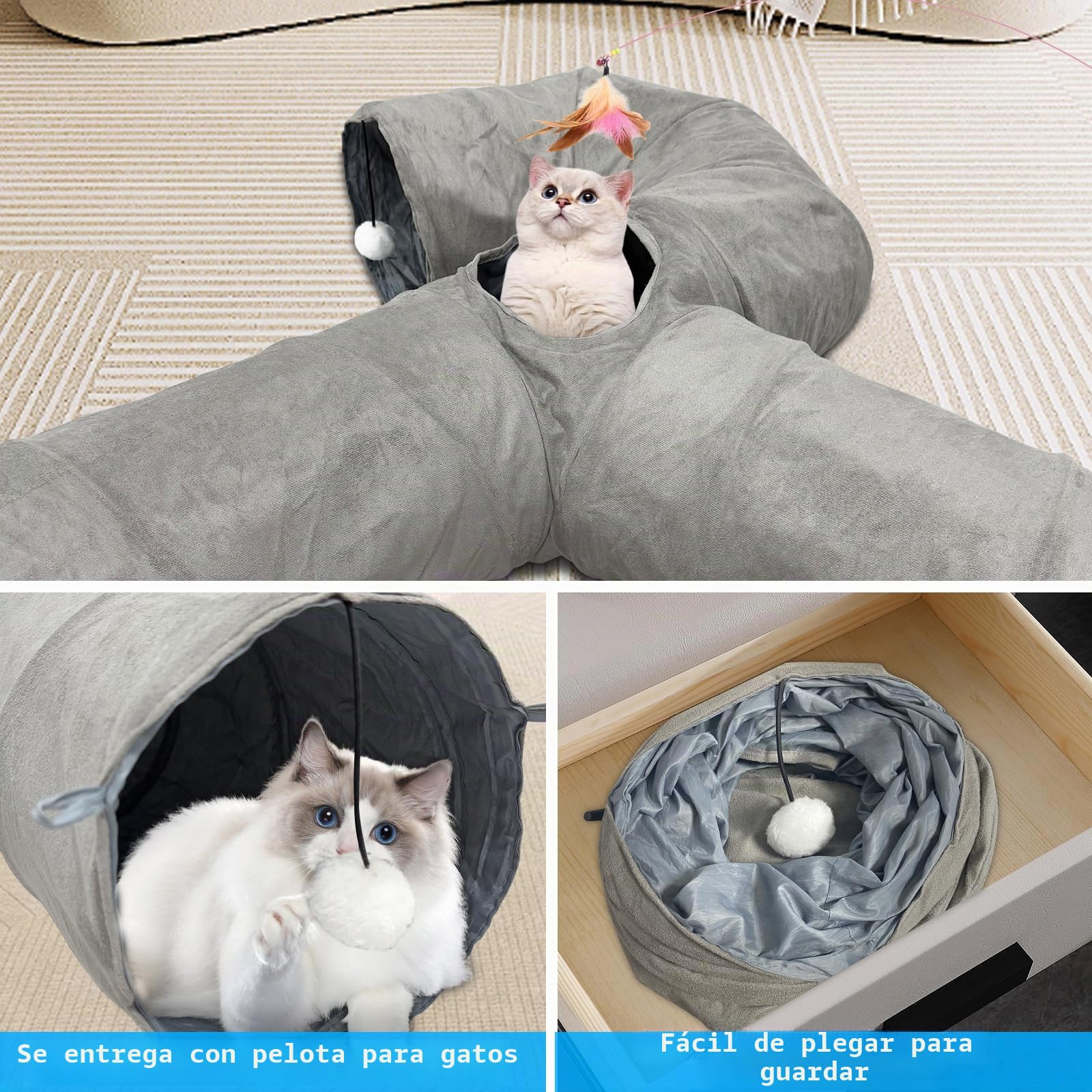 Túnel para Gatos Plegable, Juguete túnel de Gato en Gamuza, Juguete con Pompón y Colgante para Gato, Gran túnel para Gato de Interior Conejos, para Gatos,Cachorros,Conejos,Cobayas (U-Gris)