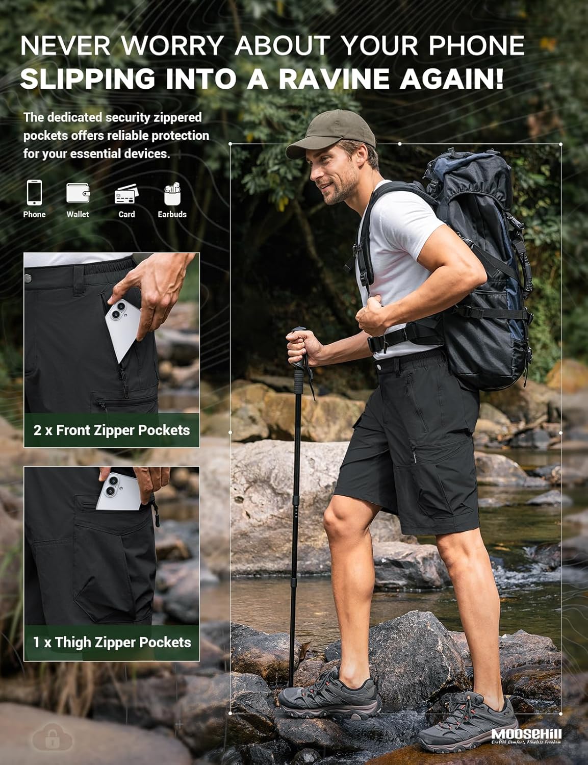 Moosehill Hiking Shorts Men 8-Pocket: Cargo Lightweight Quick Dry Water Resistant Stretch for Outdoor Fishing Camping