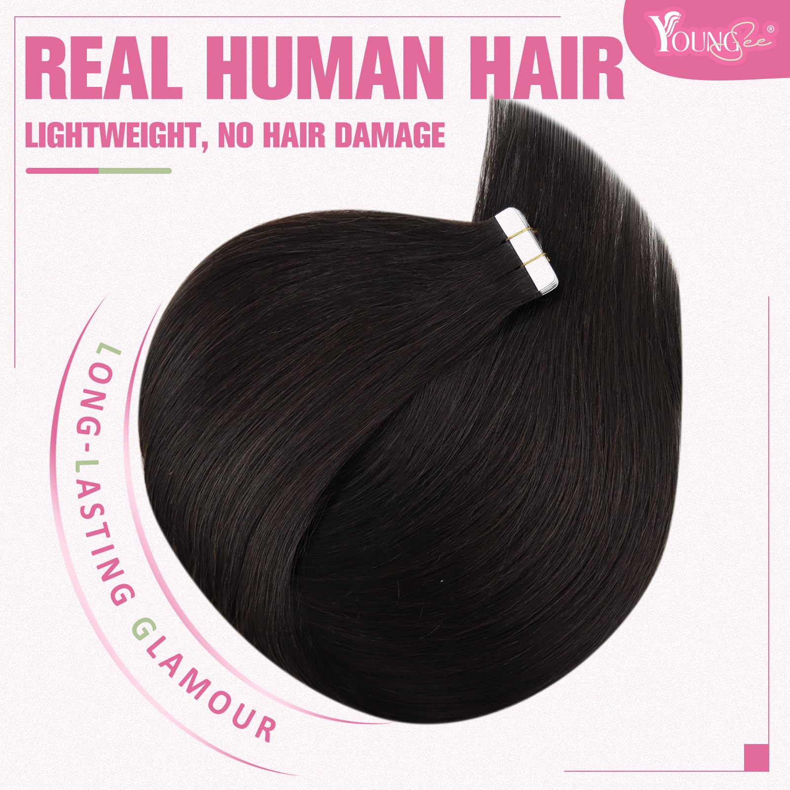 YoungSee Tape in Hair Extensions Dark Brown Invisible Tape on Real Extensions Human Hair Brown Silky Straight Hair Tape-in 20In 20pcs 50g - Image 2