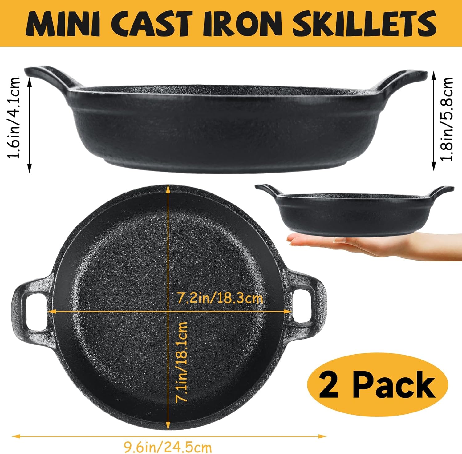 2 Pack Mini Cast Iron Skillet, 7 x 7 x 1.7 Inch Small Cast Iron Frying Pan with Handle, Pre-Seasoned Cast Iron Skillet Set, Black Casserole Dish for Kitchen, Indoor, Outdoor, Picnic