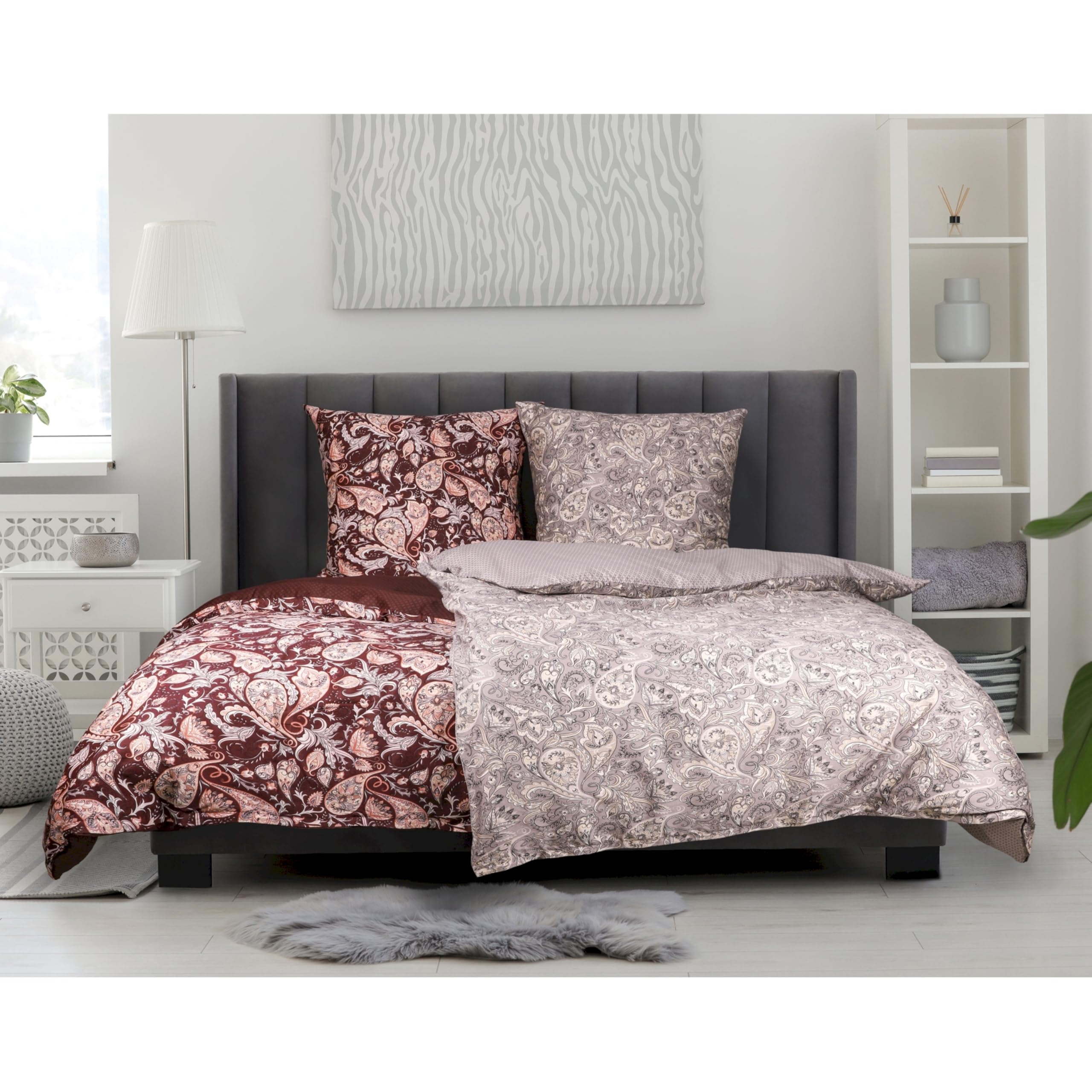 Juego de ropa de cama de satén Esprit 155x220 algodón gris - Funda nórdica de Boho Paisley + Funda de almohada 80x80 cm - Juego de ropa de cama de lujo de 2 piezas en calidad hotelera con cremallera