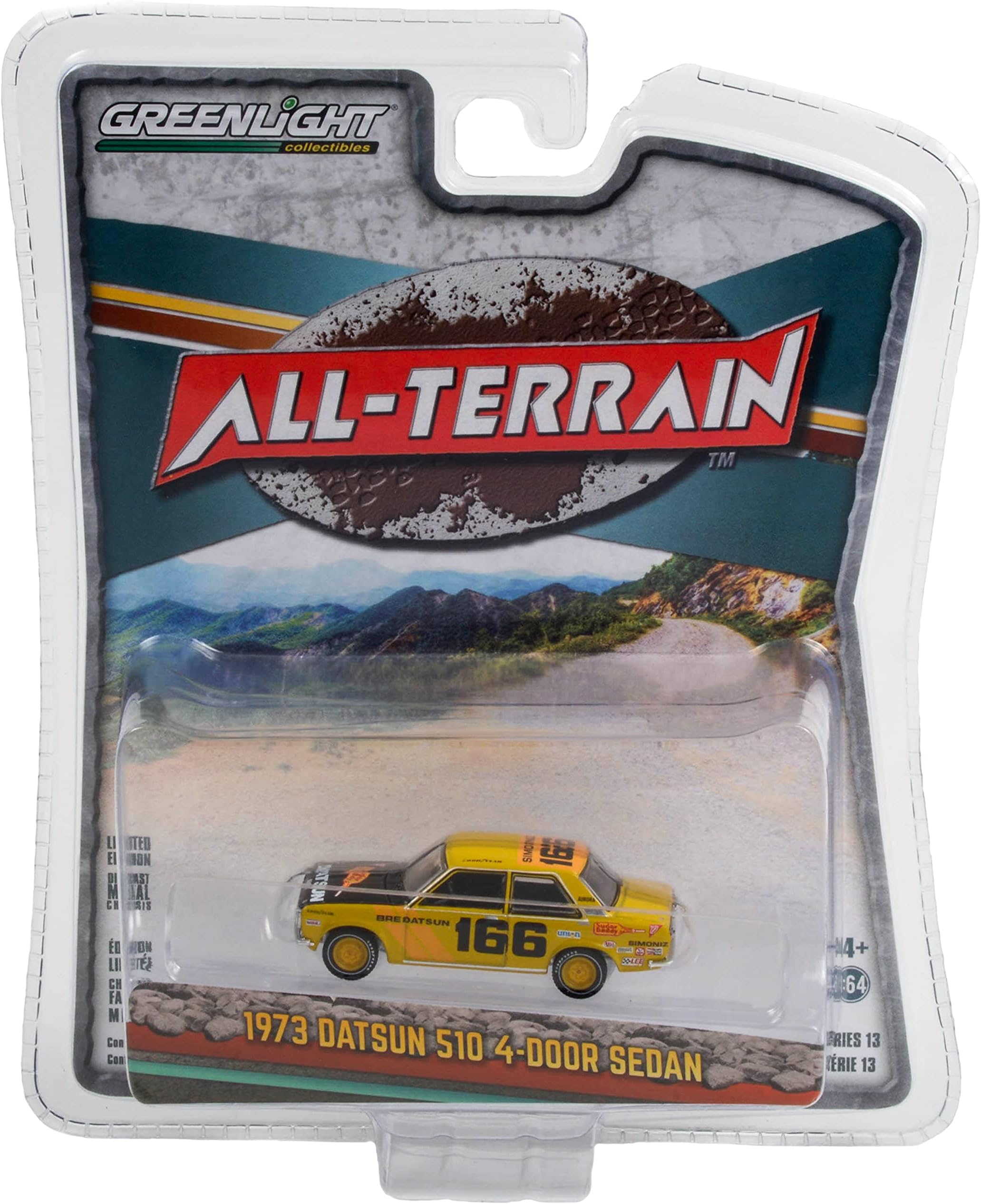 1973 Datsun 510 4-Door Sedan #166 Yellow BRE Brock Racing Enterprises All Terrain Series 13 1/64 Diecast Model Car by Greenlight 35230 B