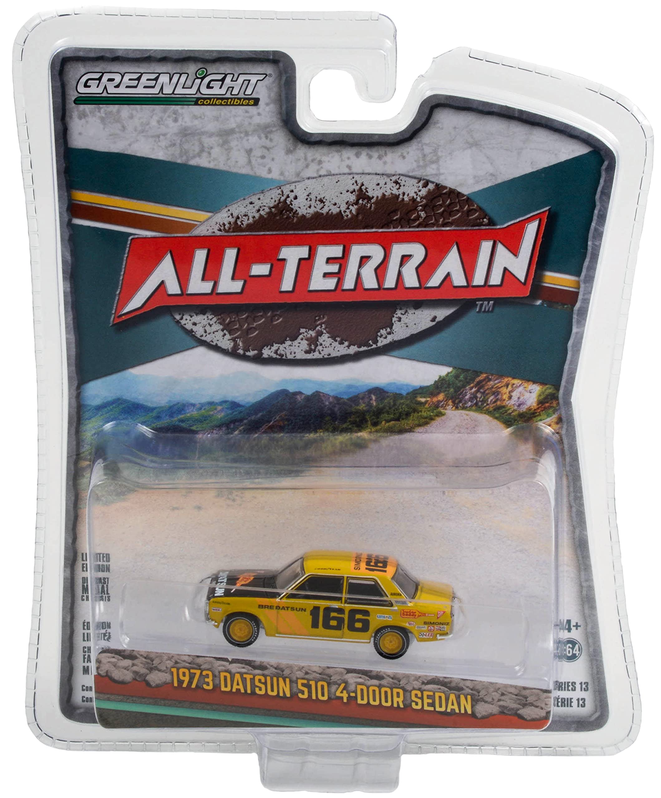 1973 Datsun 510 4-Door Sedan #166 Yellow BRE Brock Racing Enterprises All Terrain Series 13 1/64 Diecast Model Car by Greenlight 35230 B