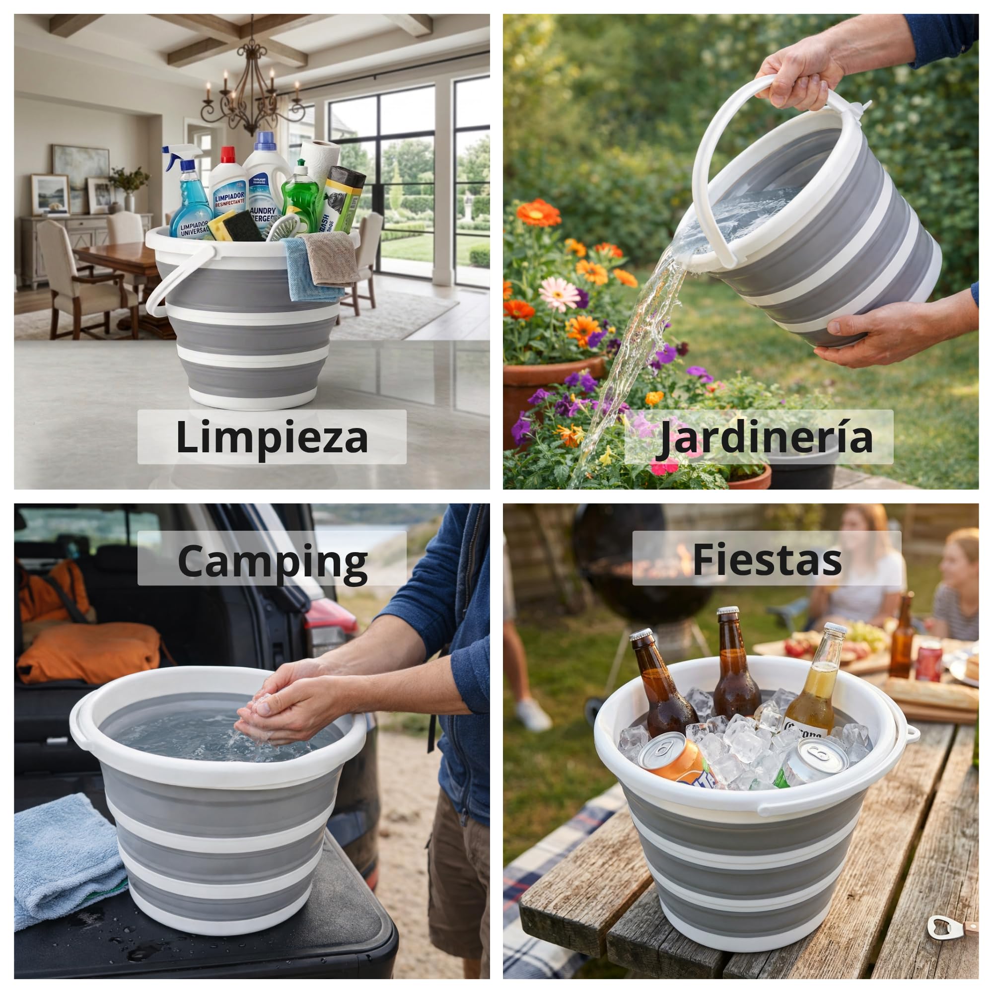 Cubo Plegable 10L Silicona Resistente con Asa, Cubeta Multiusos para Limpieza, Cocina, Camping