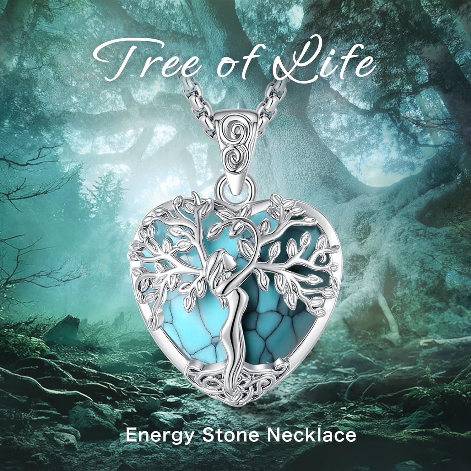 EUDORA Tree of Life Necklace with Moonstone Amethyst Obsidian Turquoise Healing Crystal for Women, Silver Plated Copper Mother Tree of Life Pendant Amulet Energy Jewelry, Gift for Women Mom, 20"+2" - Image 4
