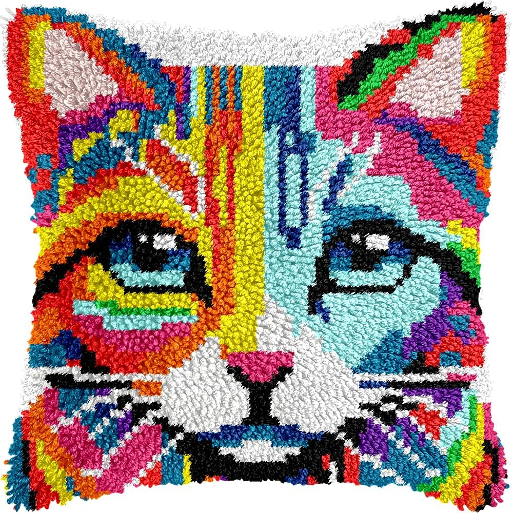 veirousa Colorful Cat Latch Hook Kits for Adults Beginners, Cute Animals Latch Hook Pillow Kit Pre-Printed Latch Hook Rug Kits Cross-Stitch Embroidery Cushion for Home Sofa Decoration 17x17 in.