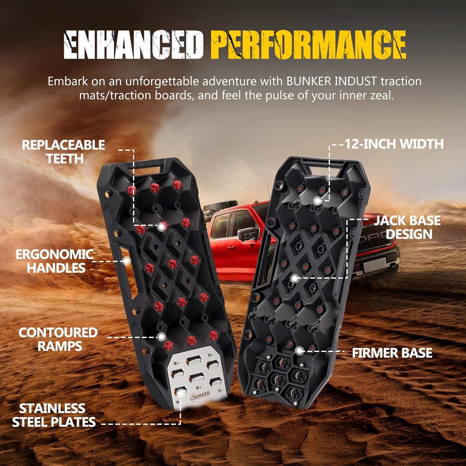 BUNKER INDUST Offroad Traction Boards with Jack Base, Pair Portable Recovery Track Tire Traction Mat - Black Sand,Mud,Snow Tracks(Replaceable Dual Colors Teeth/Rugged Steel Plate), Gen 12th