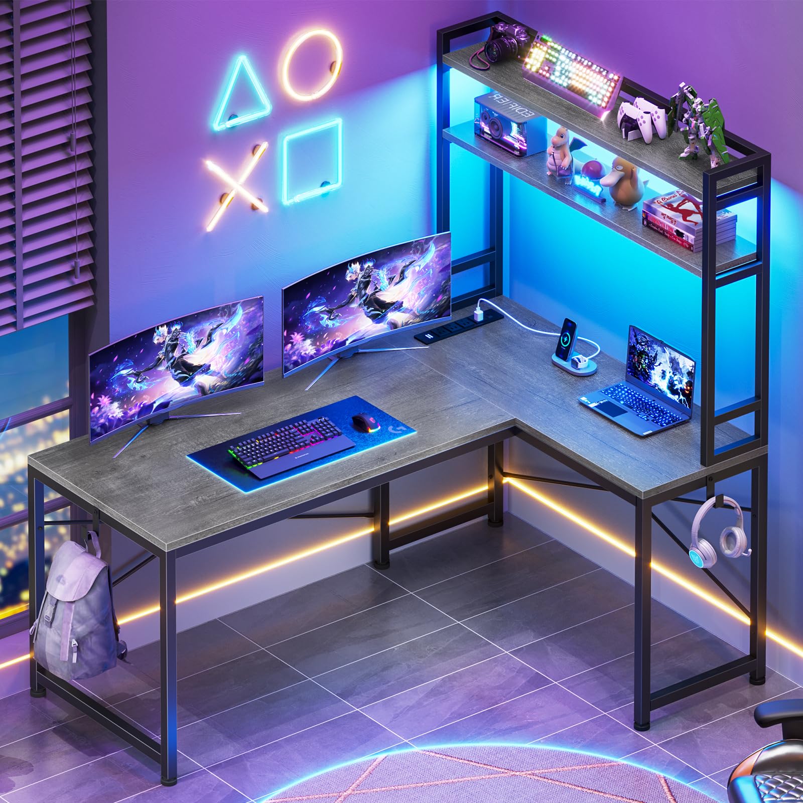 SEDETA L Shaped Computer Desk, 45.3” Small Office Desk, L Shaped Gaming Desk with Hutch, LED Lights, Power Outlet, Storage Shelves and Hooks for Home Office, Grey