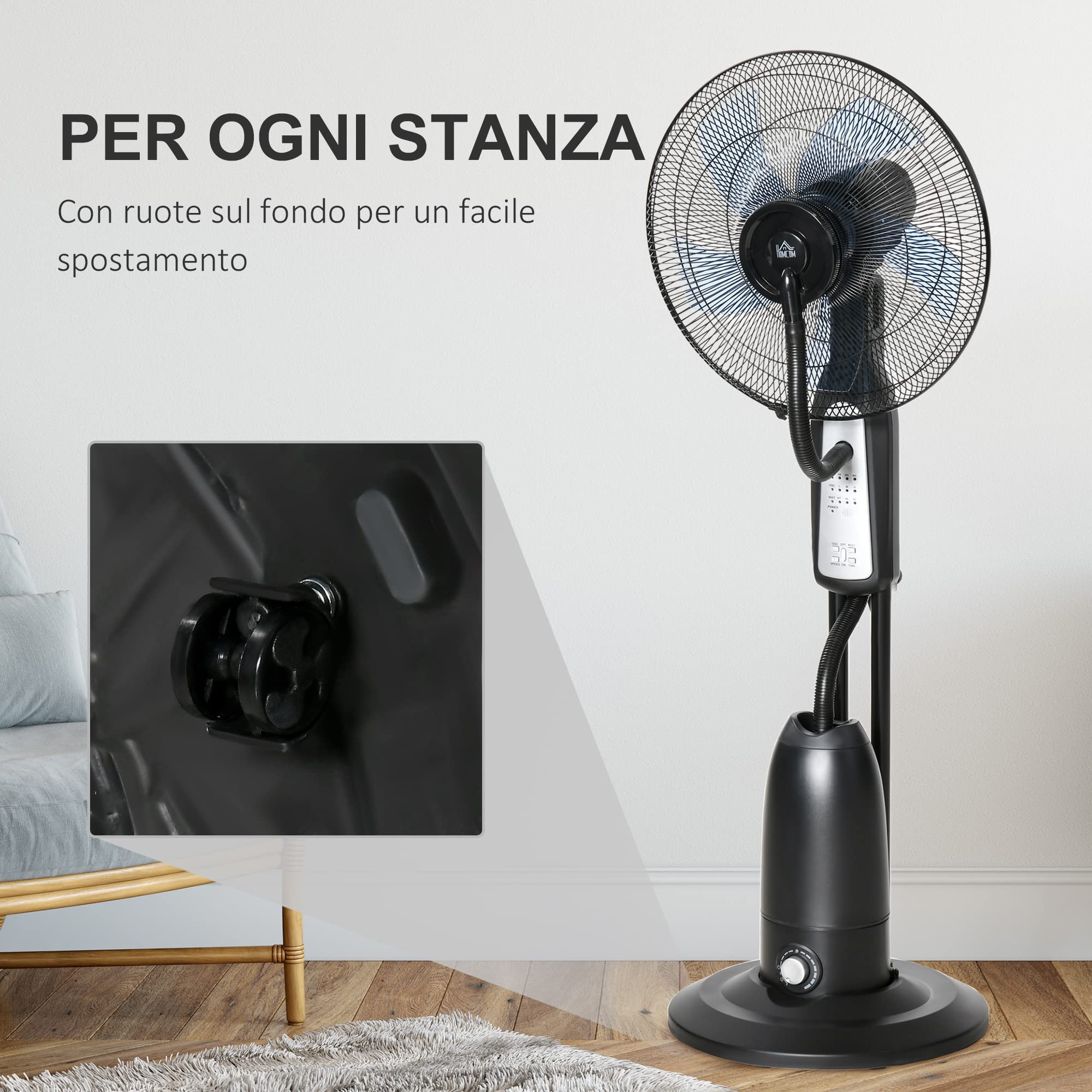 HOMCOM Ventilatore Nebulizzatore e Deumidificatore Oscillante 70° con 3 Modalità, Telecomando e Timer 7.5h, Tanica 2.8L, 90W, Ф44.5cm x 120cm