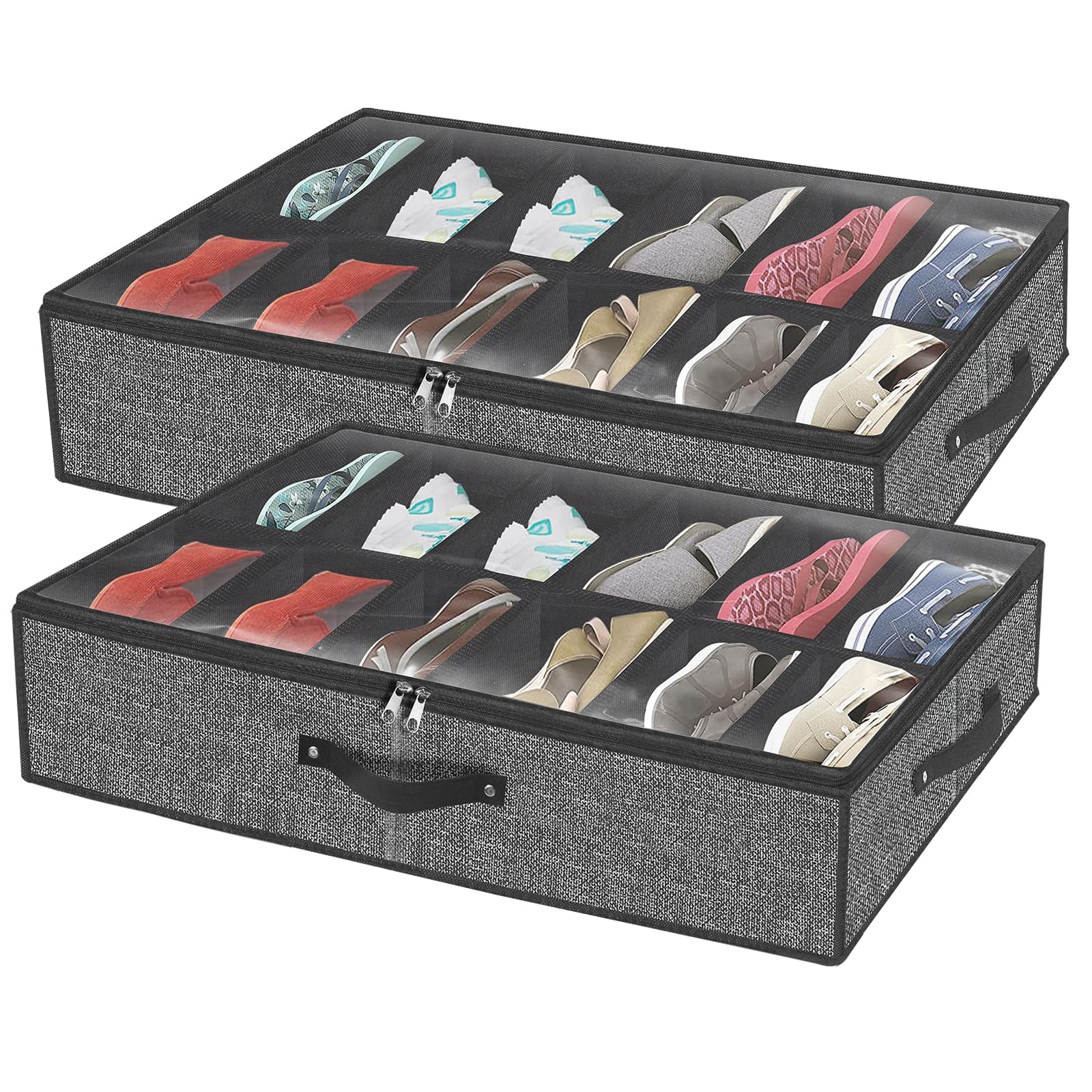 VERONLY Organizador de Zapatos bajo la Cama 2 Unidades - Organizador Zapatos Caja con Tapa Transparente y Cremallera, Almacén 24 Pares (Negro, 74x60x15 cm)