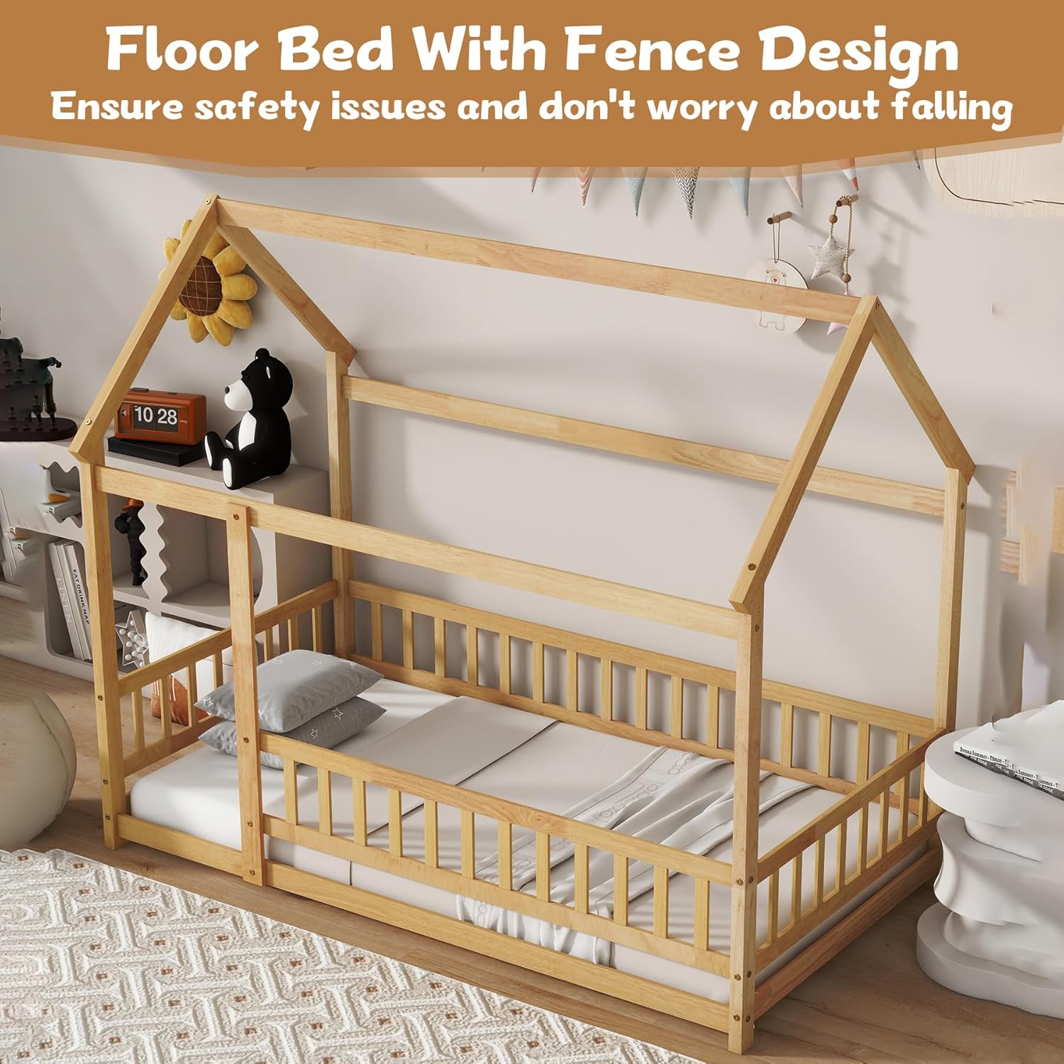 Twin Floor Bed with Wood House Roof Frame & High Rails, Montessori Bed for Toddlers, Easy Assembly (Natural, Twin)