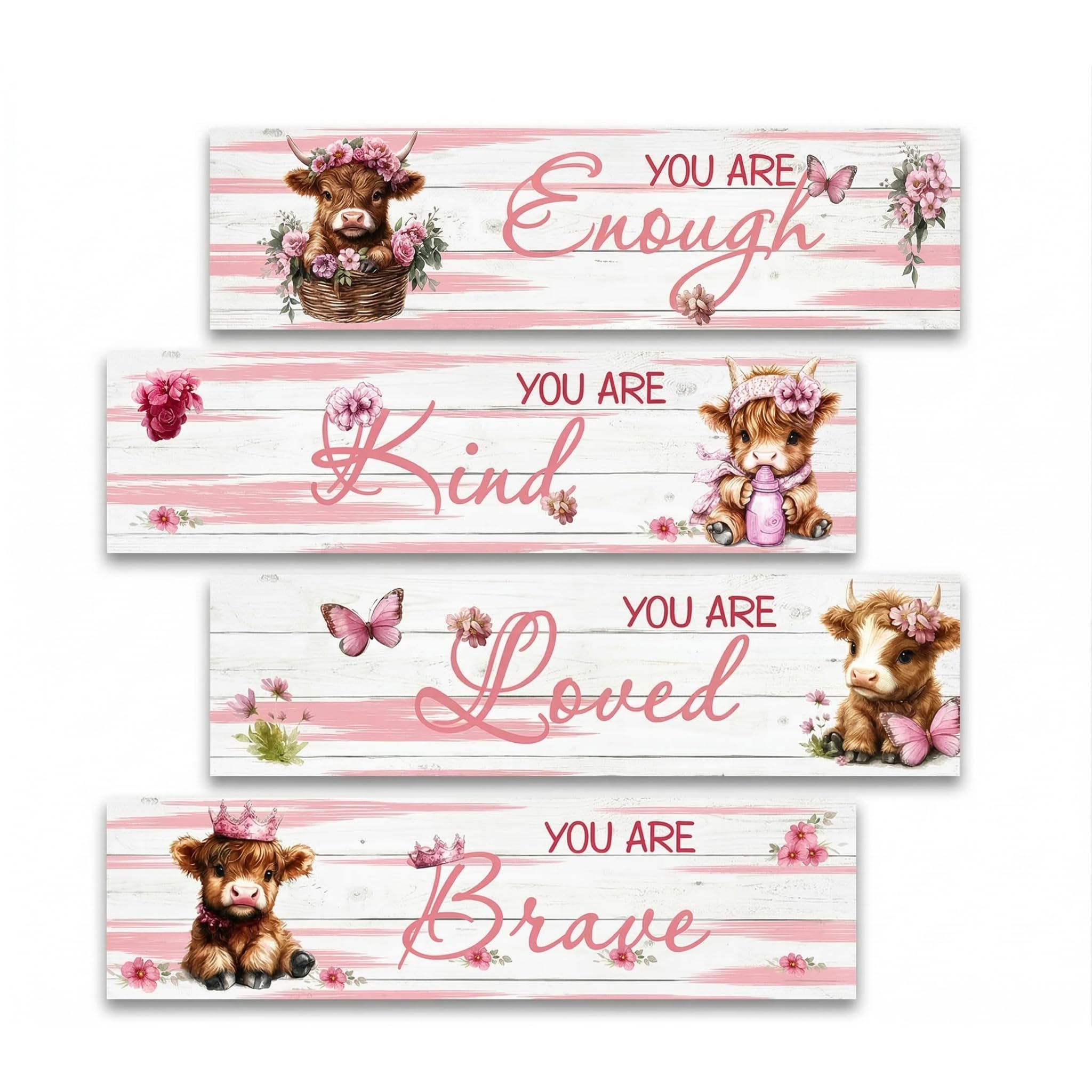 PAMBO Winnie Bear Inspirational Wall Art, 4-Panel Wooden Nursery Decor, Motivational Quote Signs (Color B)