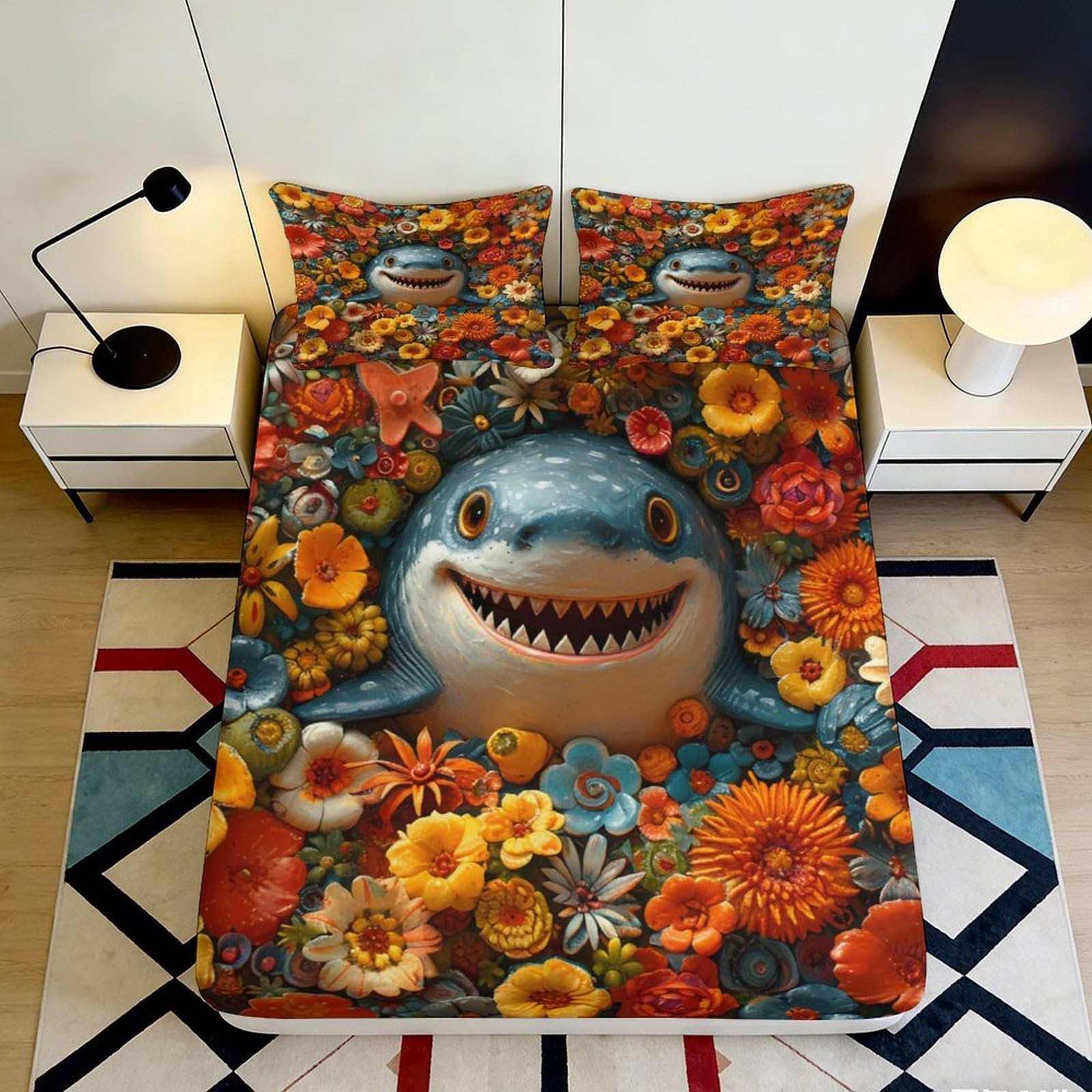 3D Printed Shark Floral Fitted Sheet Microfiber Deep Pocket Non-Slip Shark Floral Mattress Fitted Cover Washable for Bedroom 90x200x25cm