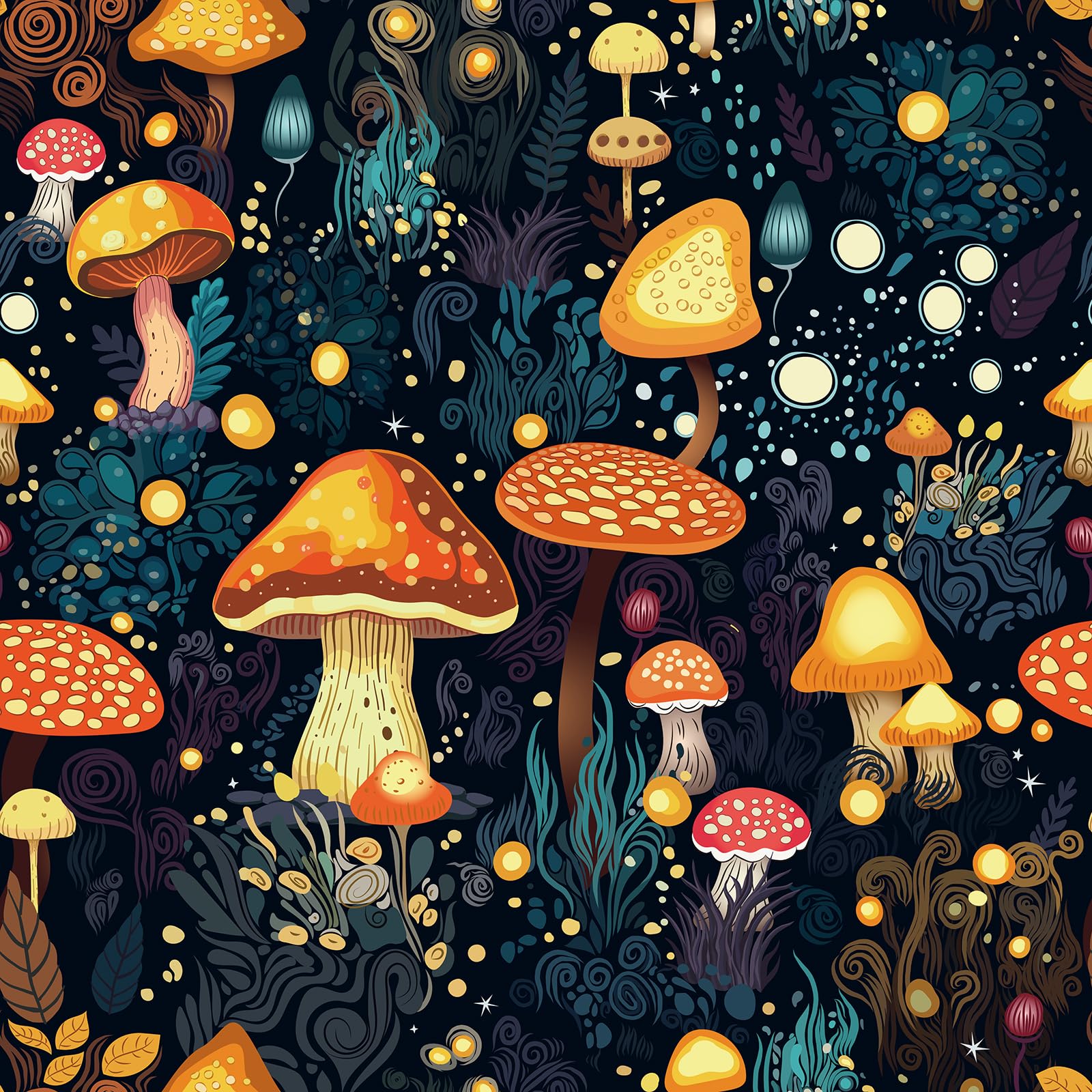 FunStick 44.5CMx9M Peel and Stick Wallpaper Blue and Green Botanical Orange Glowing Mushroom Self Adhesive Wallpaper Bathroom Woodland Forest Cupboard Vinyl Wrap Blue Green Sticky Back Plastic Bedroom