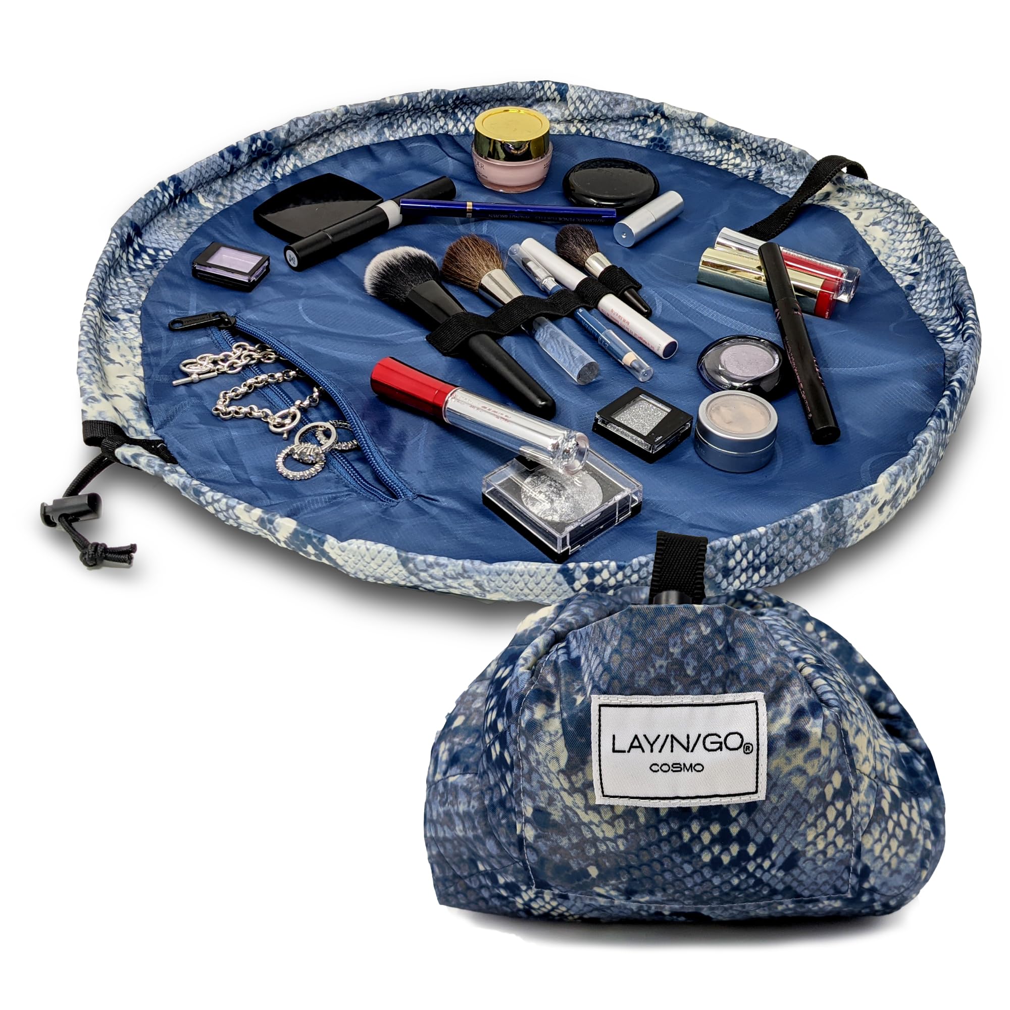Lay-n-Go Cosmo Drawstring Makeup Organizer Cosmetic & Toiletry Bag for Travel, and Daily Use with a Durable Patented Design, 20 inch, Blue Snakeskin
