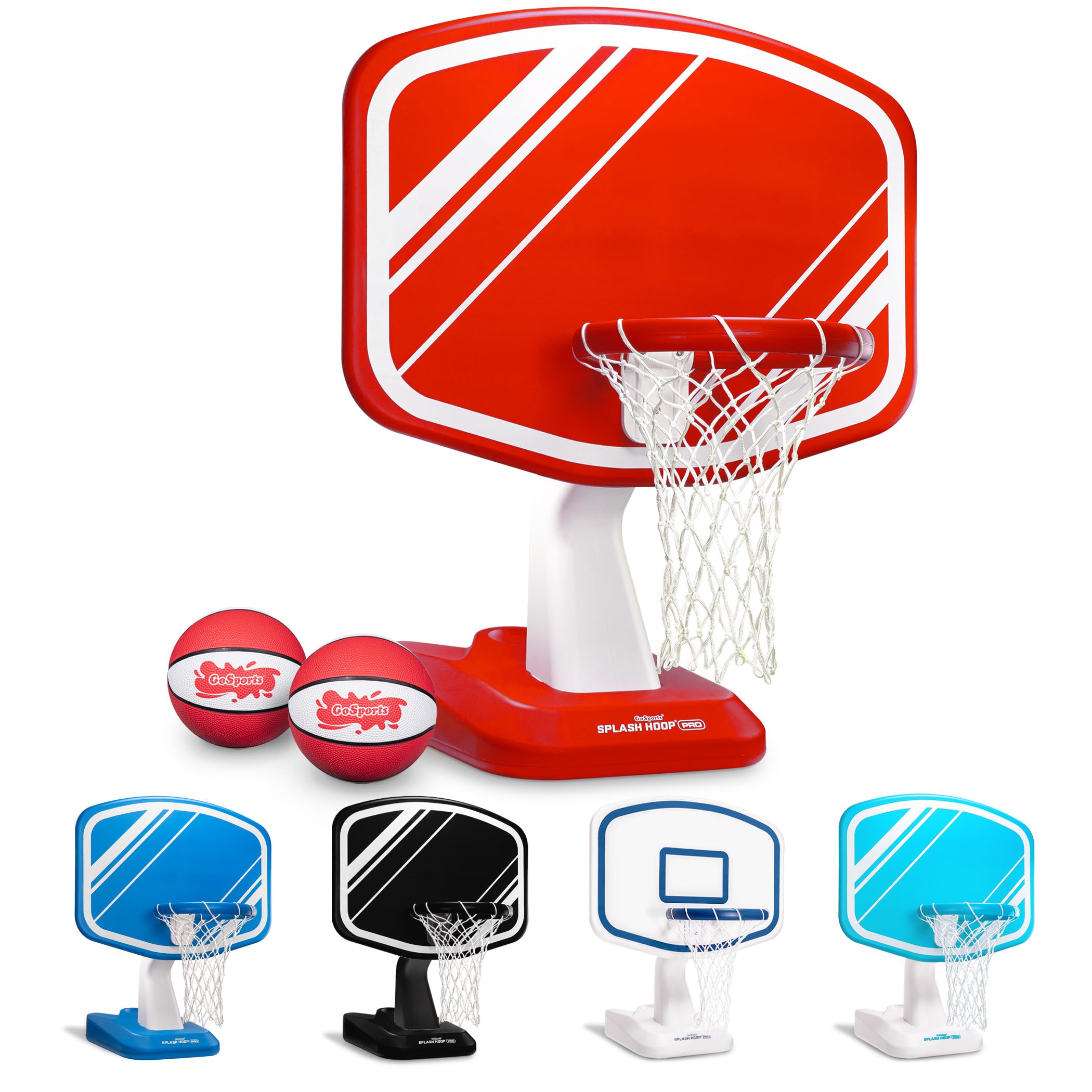 GoSports Splash Hoop PRO Swimming Pool Basketball Game - Includes Poolside Water Basketball Hoop, 2 Balls and Pump - Red