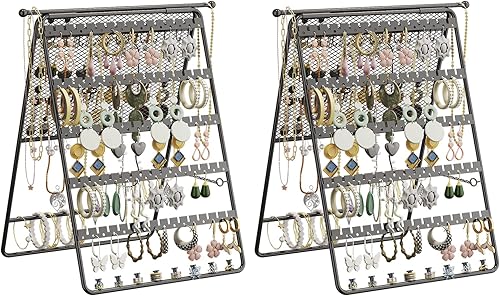 Sowone Paquete de 2 soportes organizadores de aretes, soporte organizador de joyas con soporte para collar, soporte para pulseras, soporte para