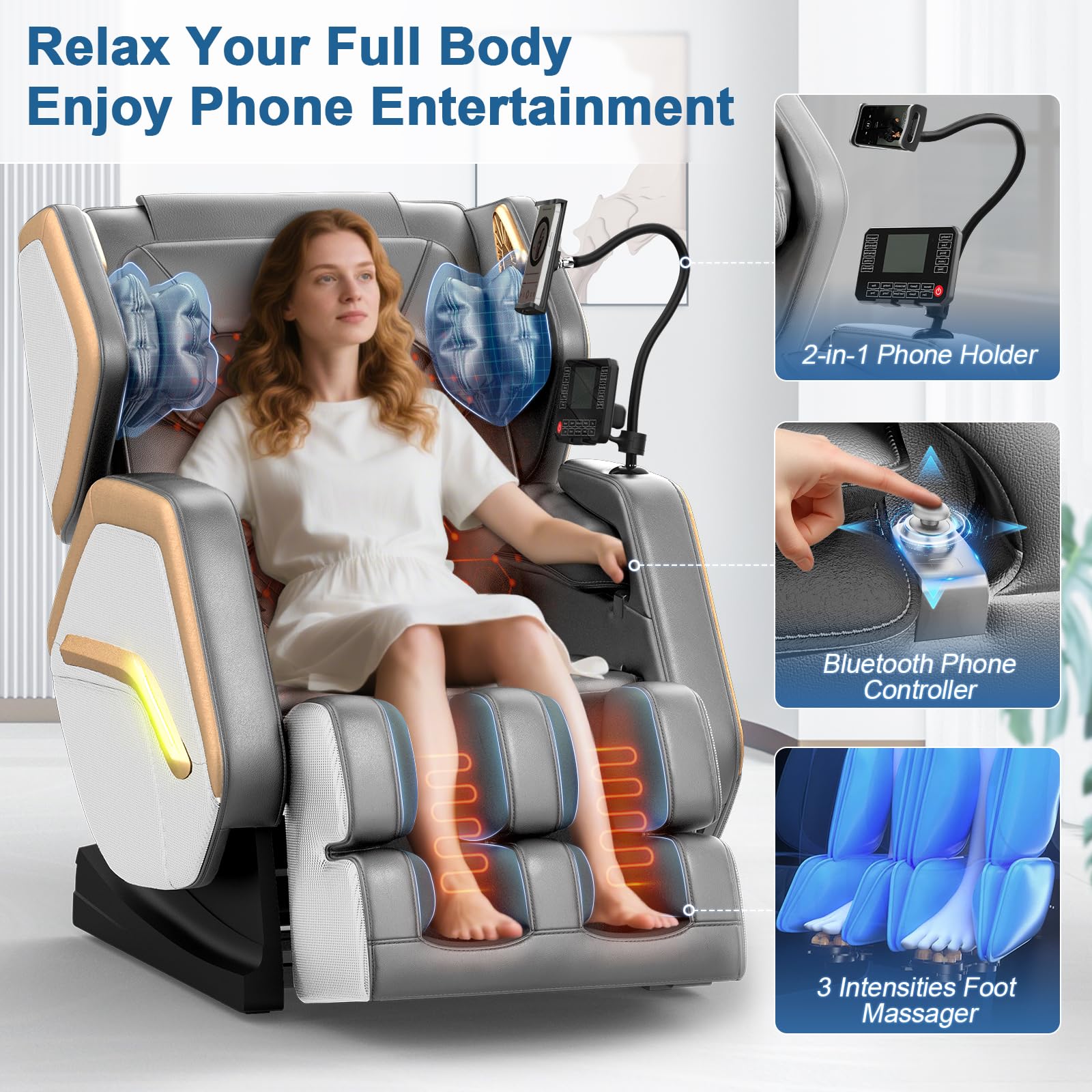 Poltrona massaggiante, Poltrona reclinabile con massaggio completo a 14 rulli, 8 airbag massaggianti, funzione di riscaldamento, massaggio ai piedi, altoparlante Bluetooth, telecomando touch