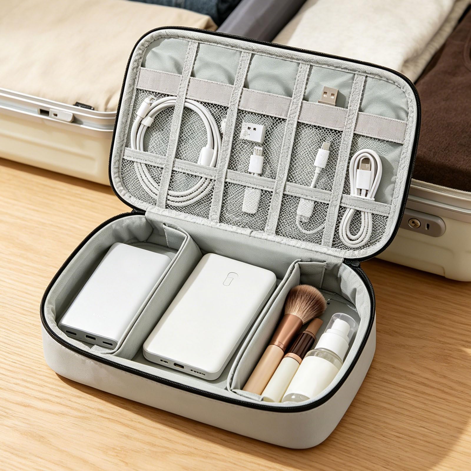 Bolsa de almacenamiento de 2 capas con bolsillo principal grande para guardar cargadores, cables, tarjetas de memoria y otros accesorios esenciales resistentes a doble capa