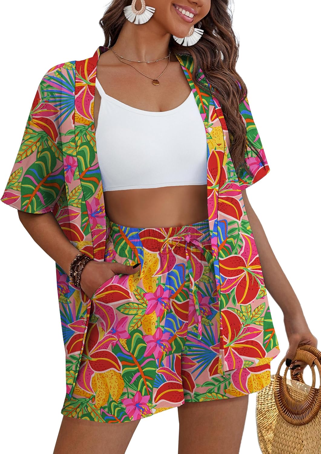 REDHOTYPE Women's 2 Piece Hawaiian Outfits Tropical Swimsuit Cover Up Kimono Beach Wear Set with Shorts Pockets S-XL