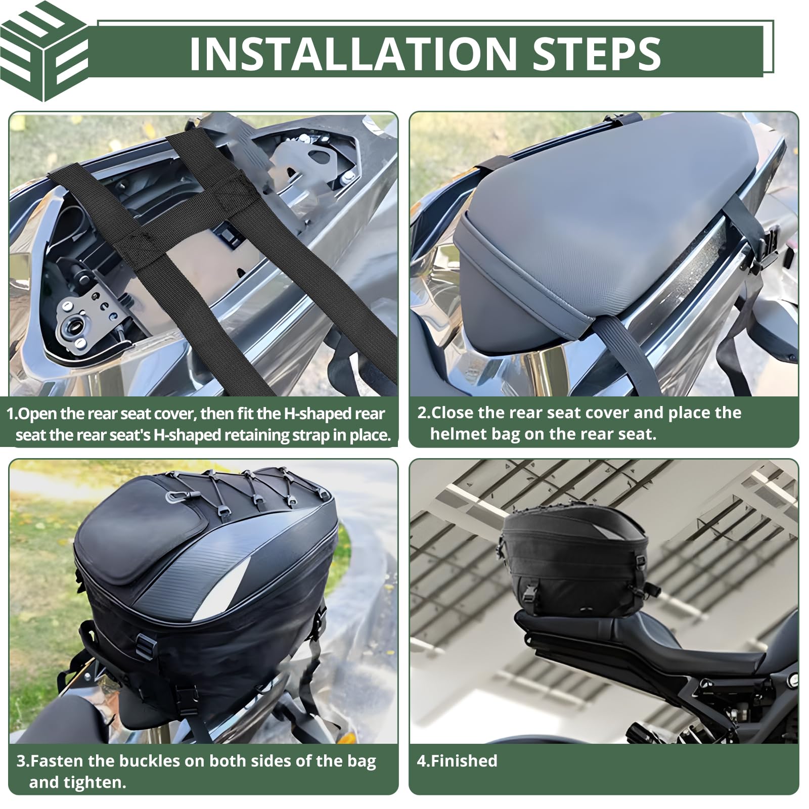 EYPINS Hecktasche Motorrad, Erweiterbar Wasserdicht Motorradtasche mit Reflexstreifen, Regenschutz, verstellbare Gurte Motorrad-Rucksack, Integralhelm-Organisator, Schwarz